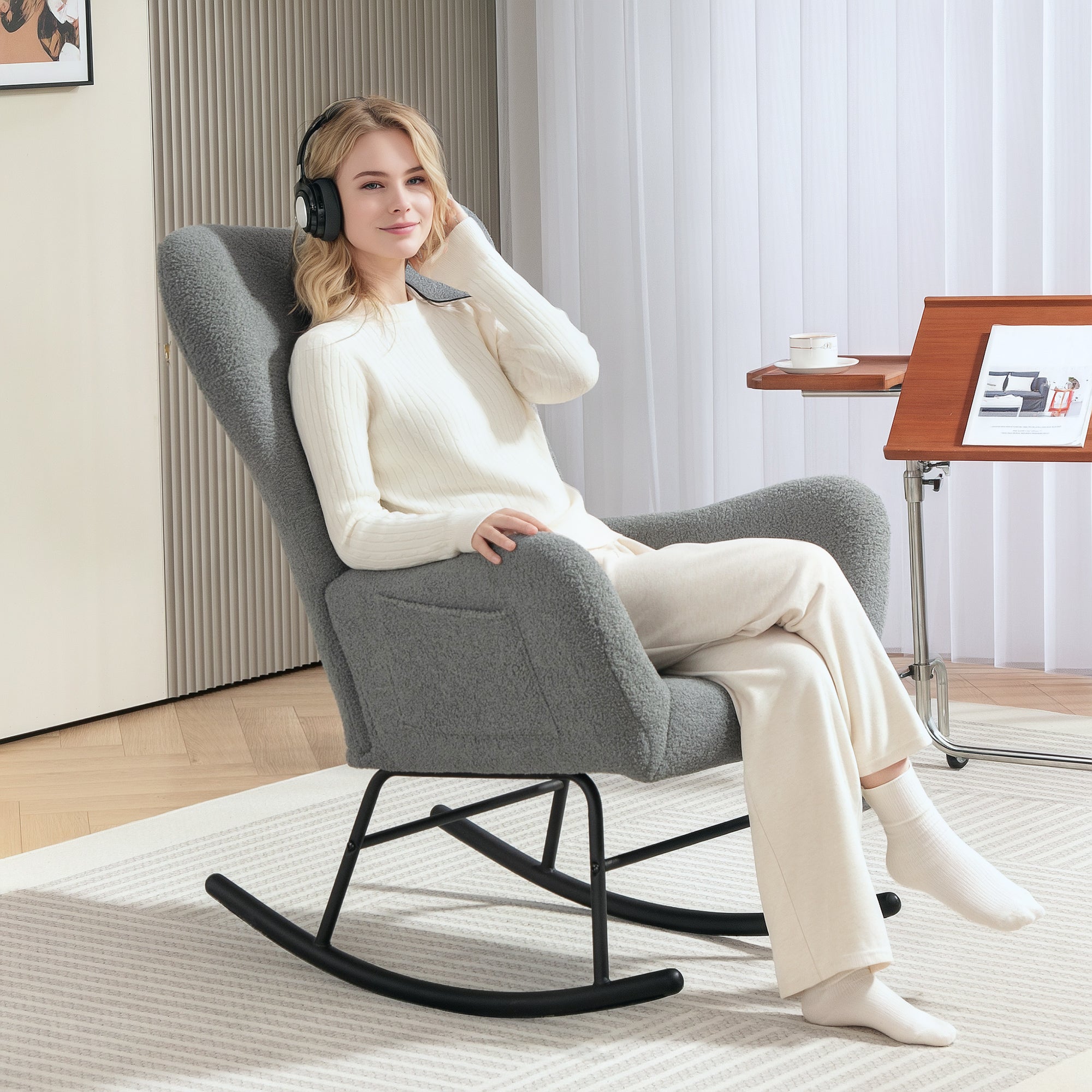 Rocking Chair, Teddy Fabric, Wooden Base, Gray