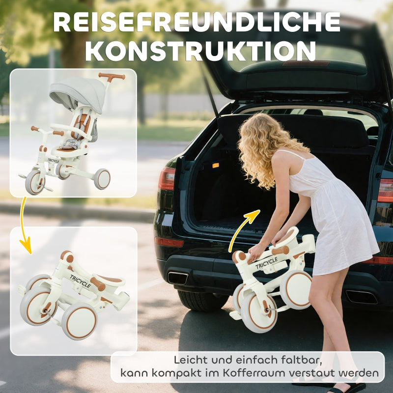 Children's Tricycle 5-in-1 Convertible Baby Buggy with Push Handle and Safety Belt, Cream White