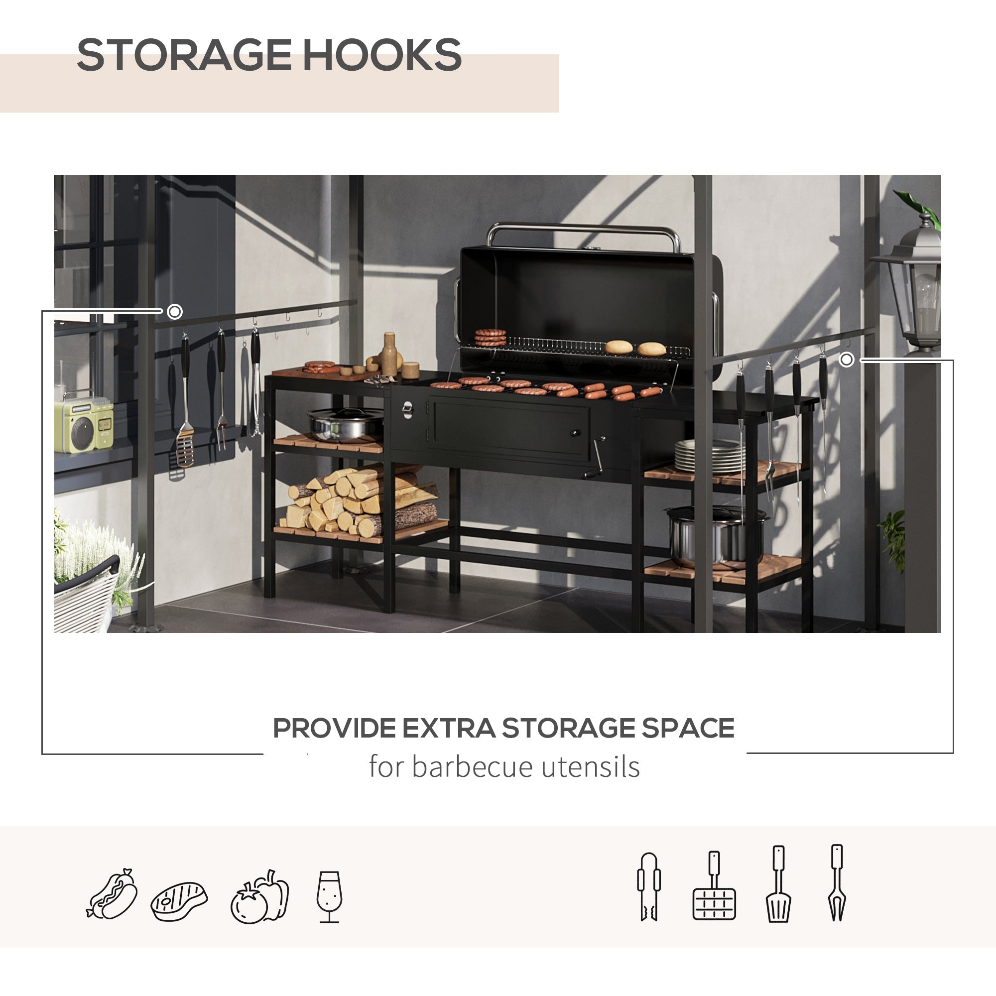 BBQ Grill Gazebo Tent 2.2 x 1.5 m, Metal Frame Curved Canopy 10 Hooks, Beige