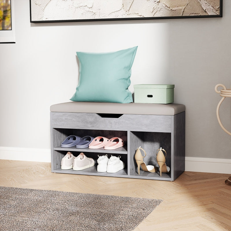 Shoes Cabinet Bench with Hidden Storage and Padded Seat, Grey Wood Grain