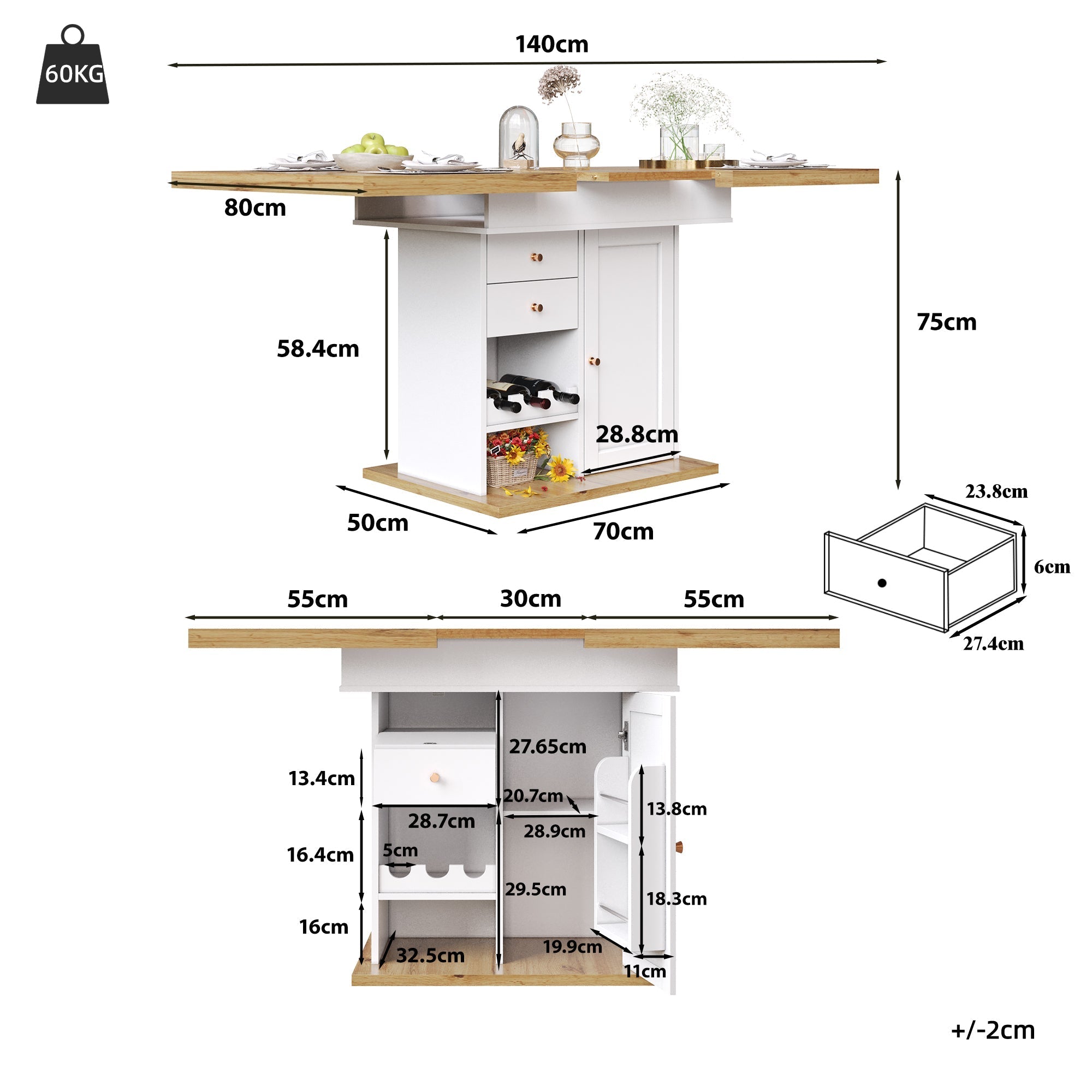 Telescopic Dining Table with Extendable Design and Wine Rack, White