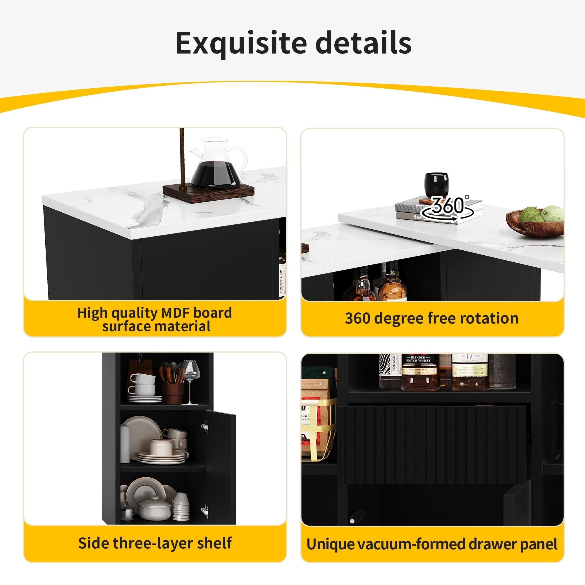 Bar Table 360° Rotating, Open Storage, Multifunctional Island, Black/Marble