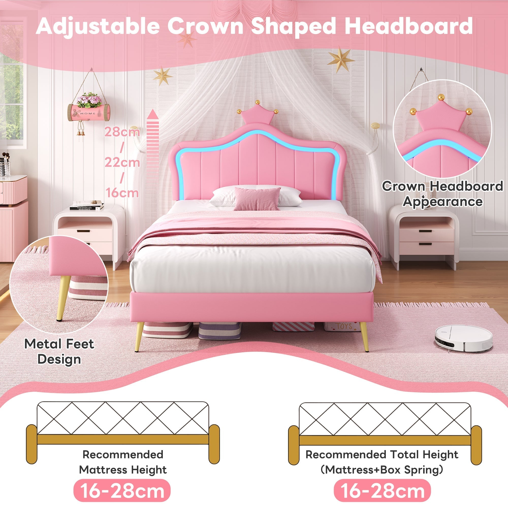 3ft Single Upholstered Bed with LED Adjustable Crown Headboard, PU Leather, Pink