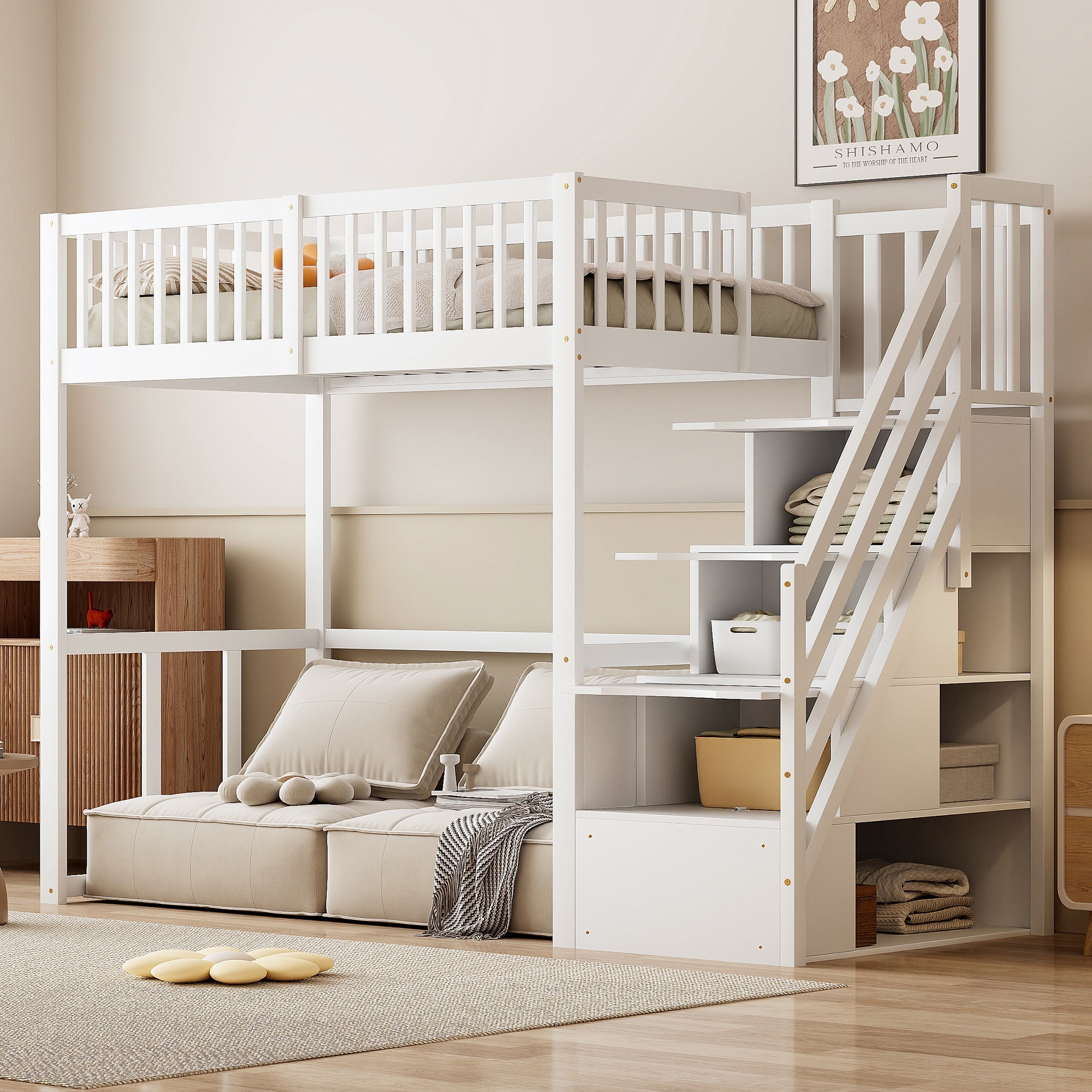 Loft Bed with Safety Storage Ladder, 90x200cm, White Solid Pine Wood