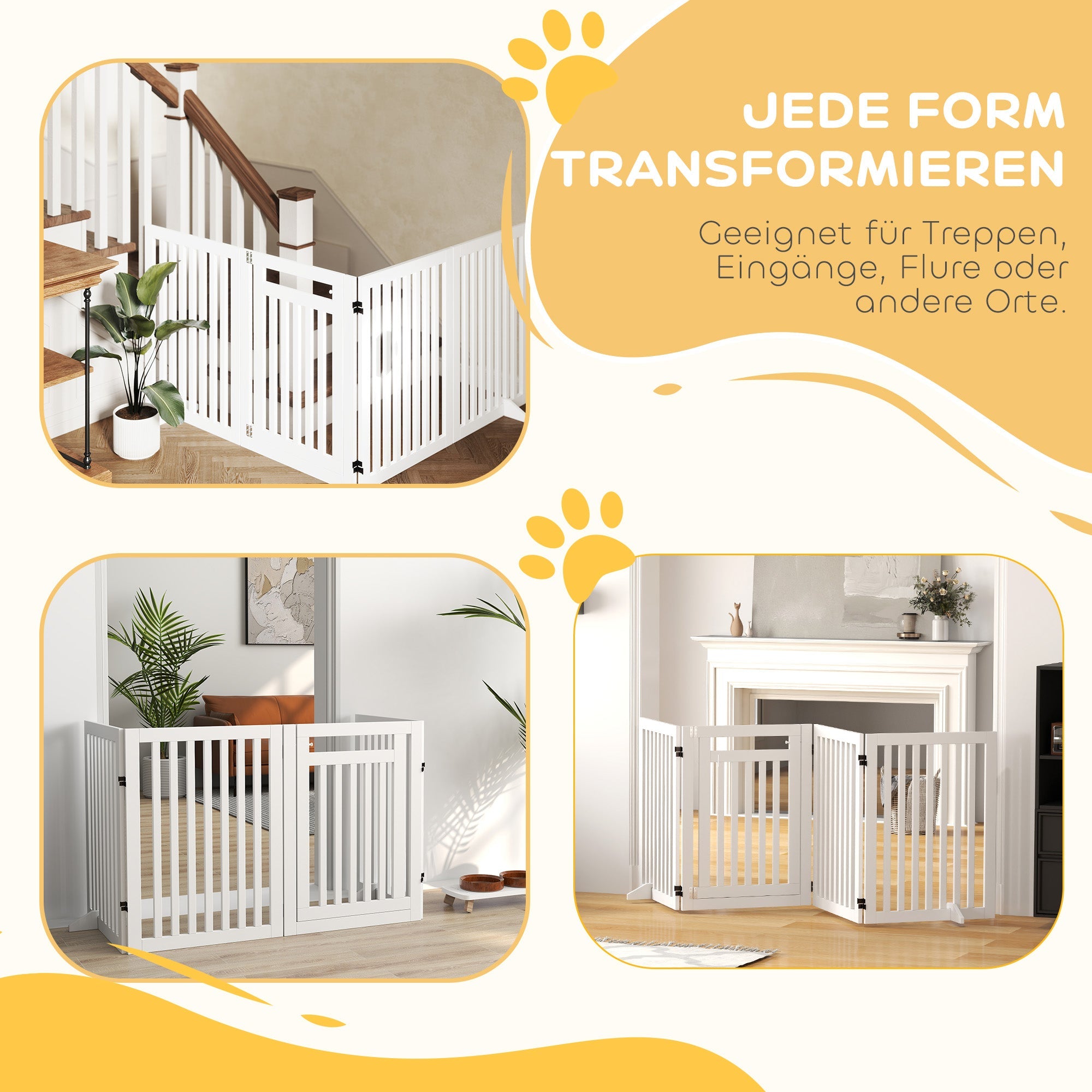 Stair Gate, Foldable Safety Gate, 4-Piece, Freestanding, White