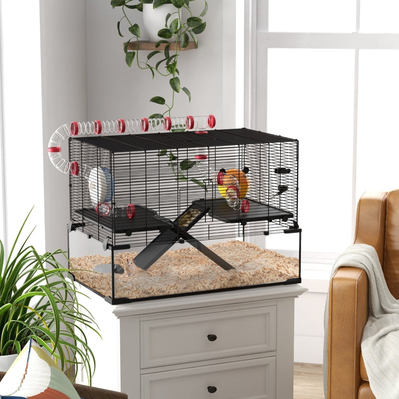 Gerbil & Dwarf Hamster Cage, Deep Glass Bottom, Tunnels, Ramps, Hut, Exercise Wheel