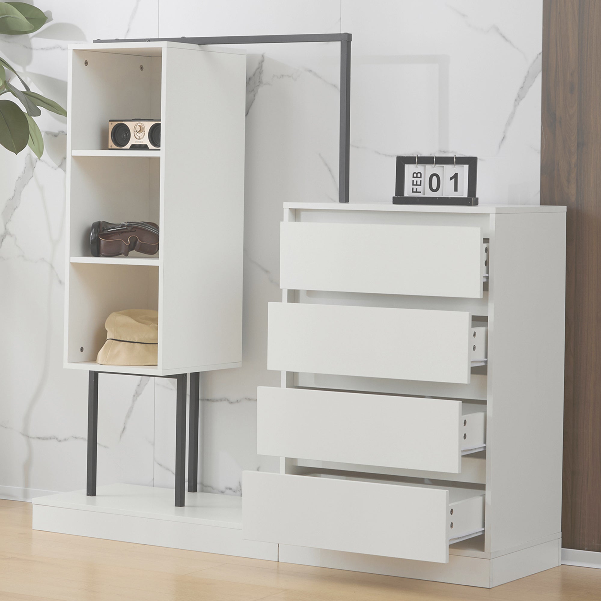 Drawer Cabinet Wardrobe Set Sideboard Clothes Rail W140/W40/H135 White