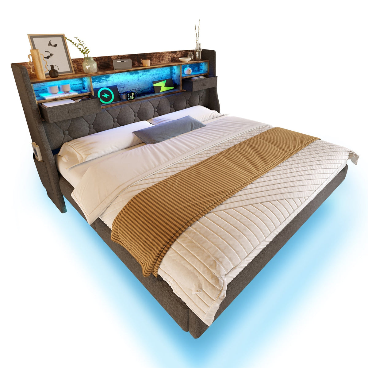 Upholstered Bed 140x200cm Floating LED Charging Station Storage Headboard Linen, Grey