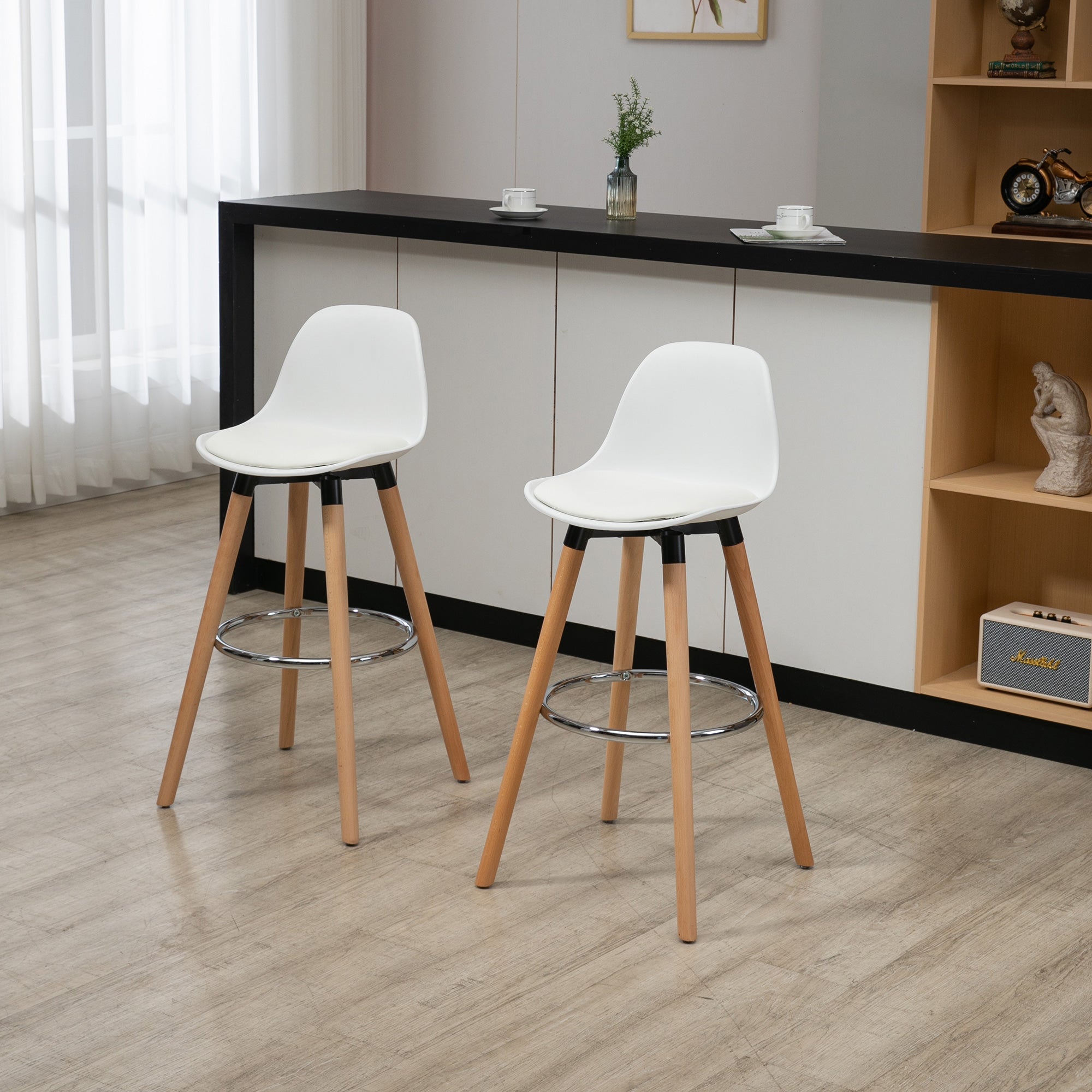 Set of 2 bar stools, kitchen stools, bar chair with footrests, artificial leather, white