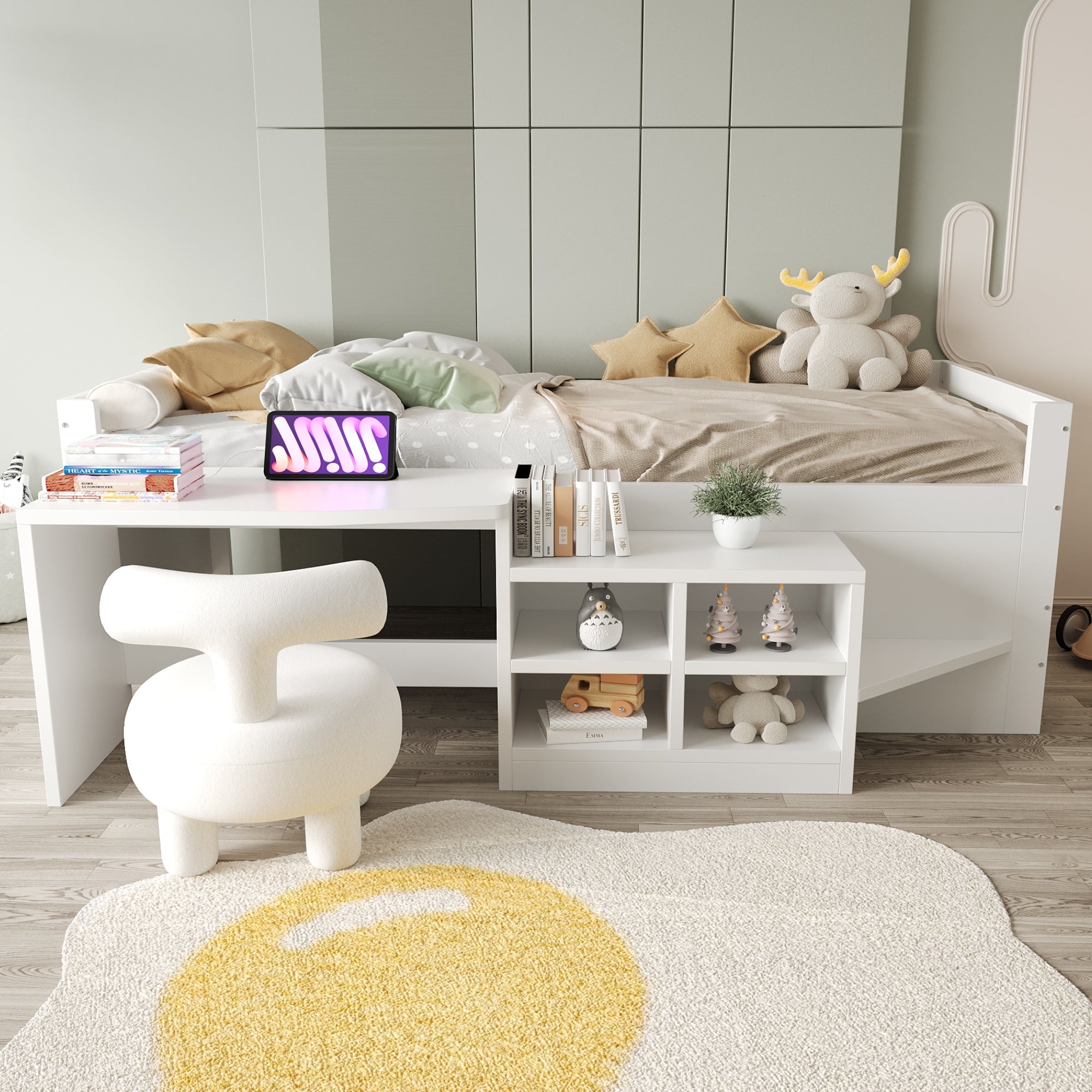 Children's Bed 90x200cm, Storage & Desk with Sockets, Wooden White