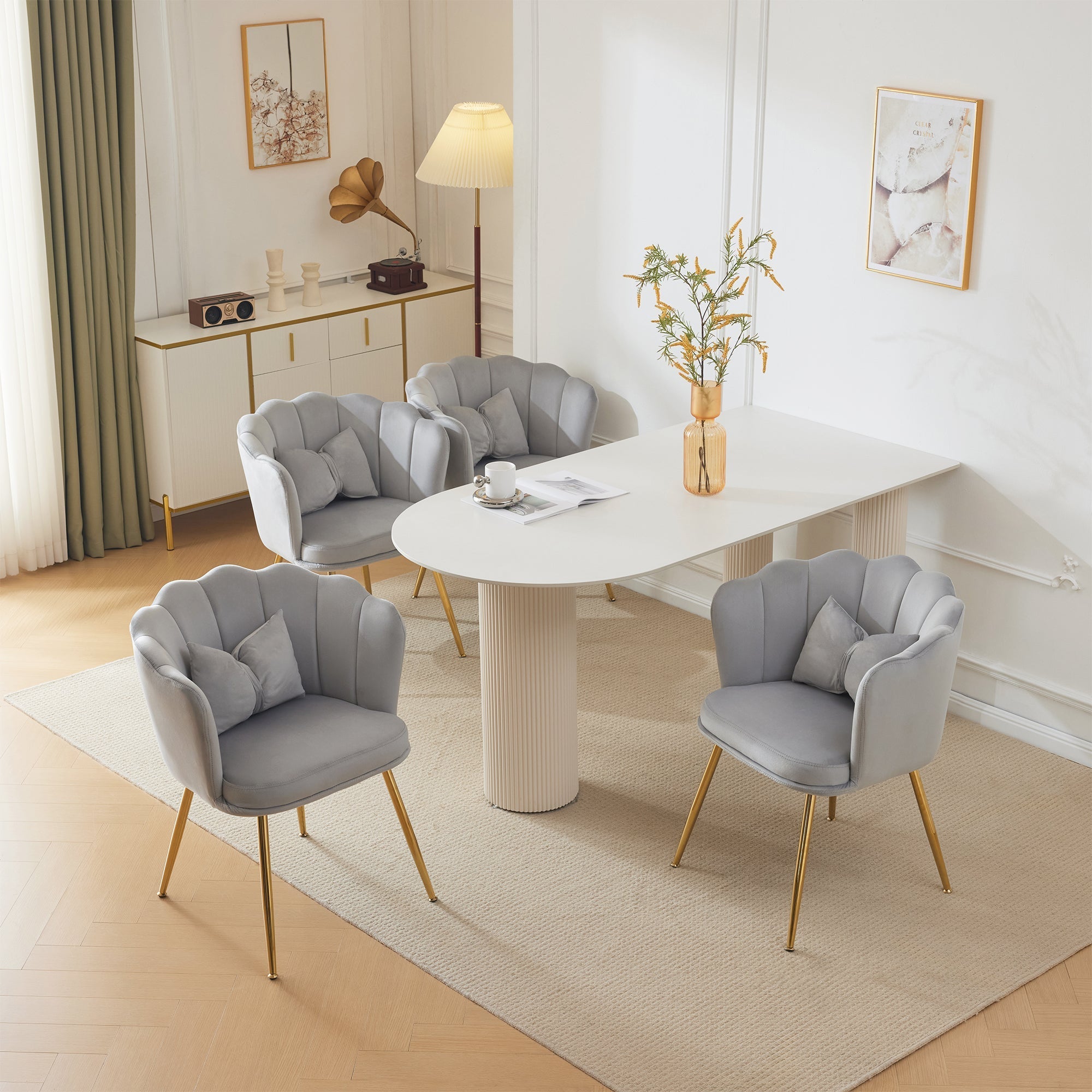 Chairs, Set of 4 Velvet Upholstered with Petal Back & Gold Legs, Modern