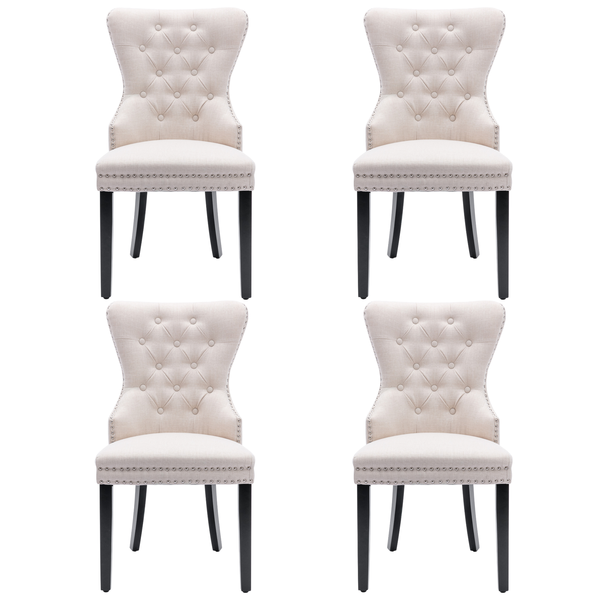 Dining Chair Set of 4, Linen, Oak Legs, Button and Nailhead Trim, Beige