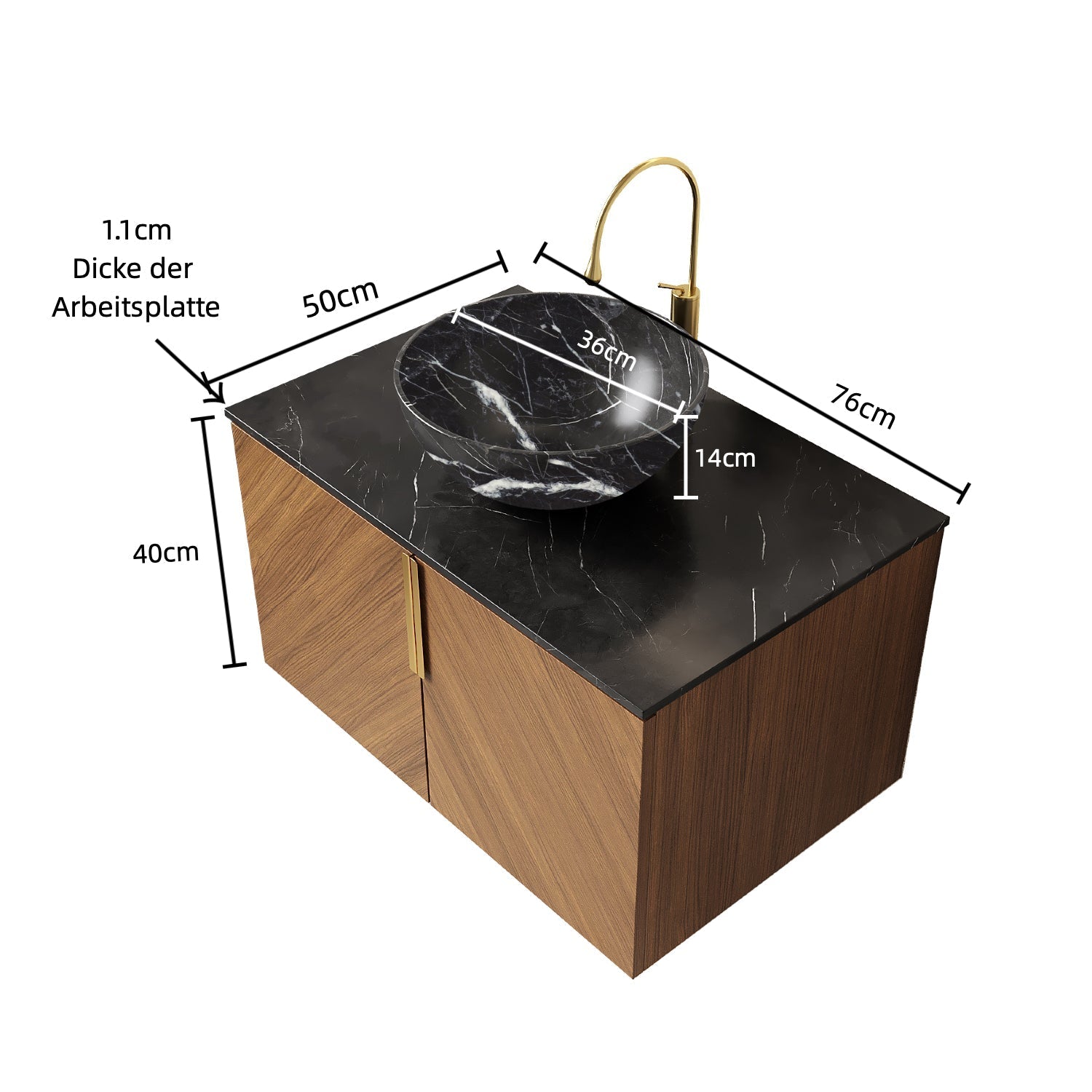 ARAI 76cm Wall Mount Bathroom Vanity with Black Bowl, Stone Pattern Ceramic Basin, Black Sintered Stone Countertop, Plywood Cabinet with 2 Doors, Espresso Wood Grain