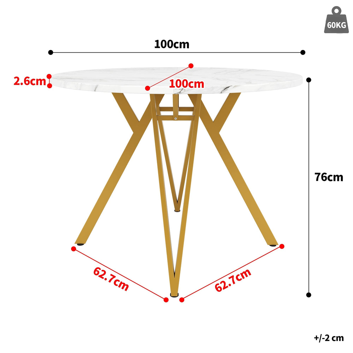 Round Dining Table 100cm 4-Seater Metal Legs MDF Marble Top - Gold