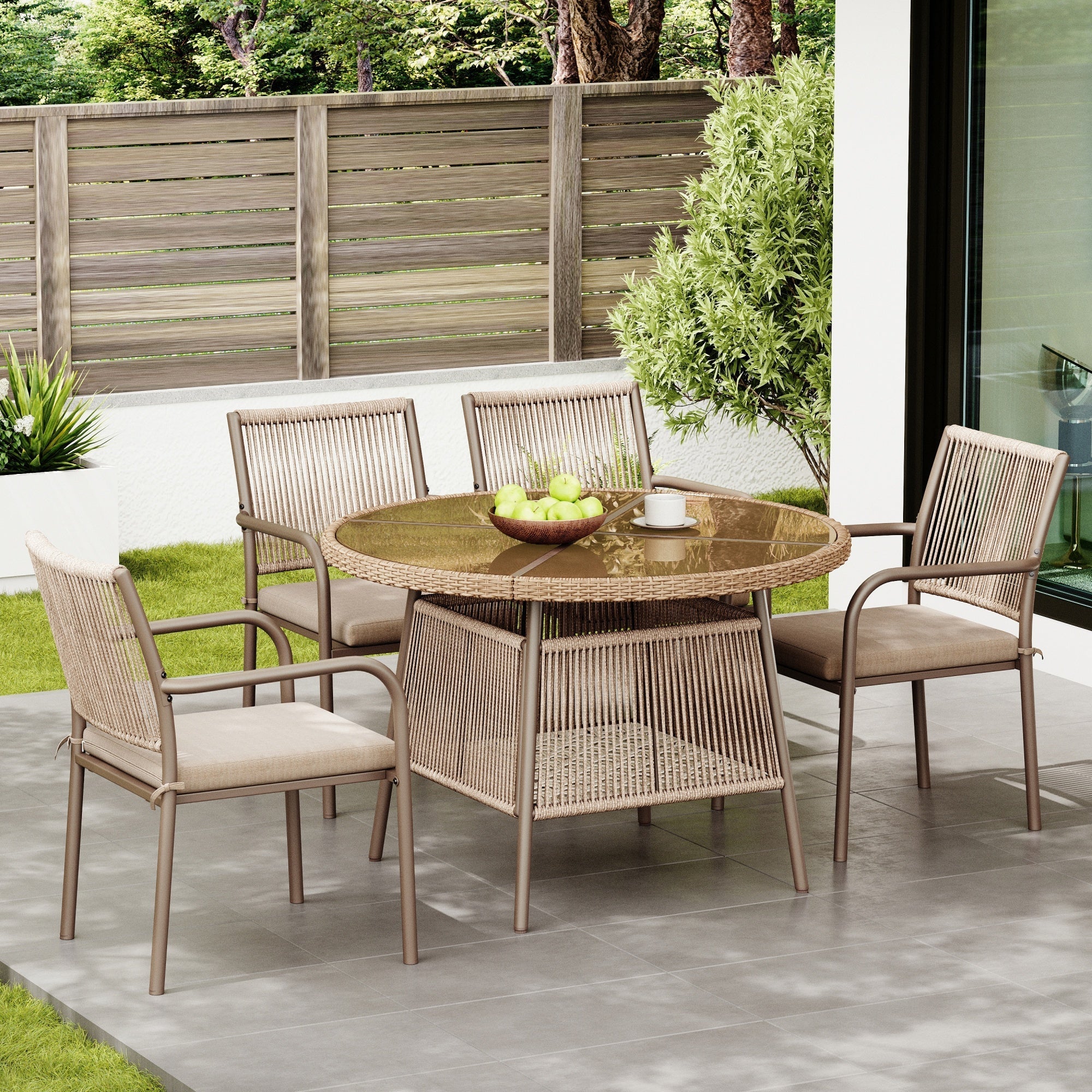 Rattan Garden Set Round Glass Table 4 Armchairs - Iron Frame