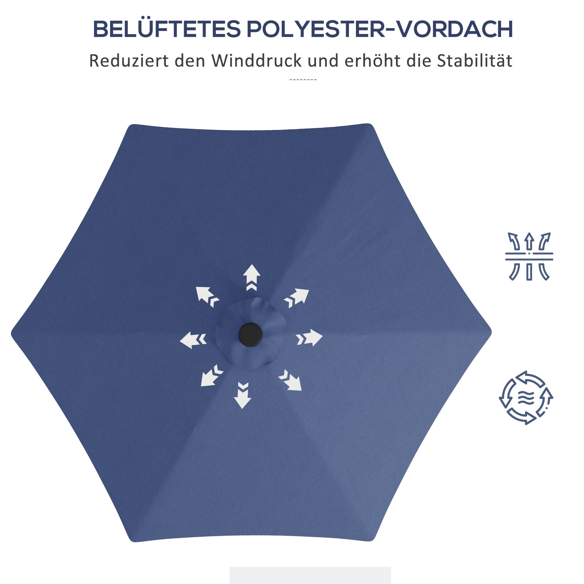 Solar Parasol, LED, Ø290x260 cm, UV Protection, Hand Crank, Polyester Dark Blue