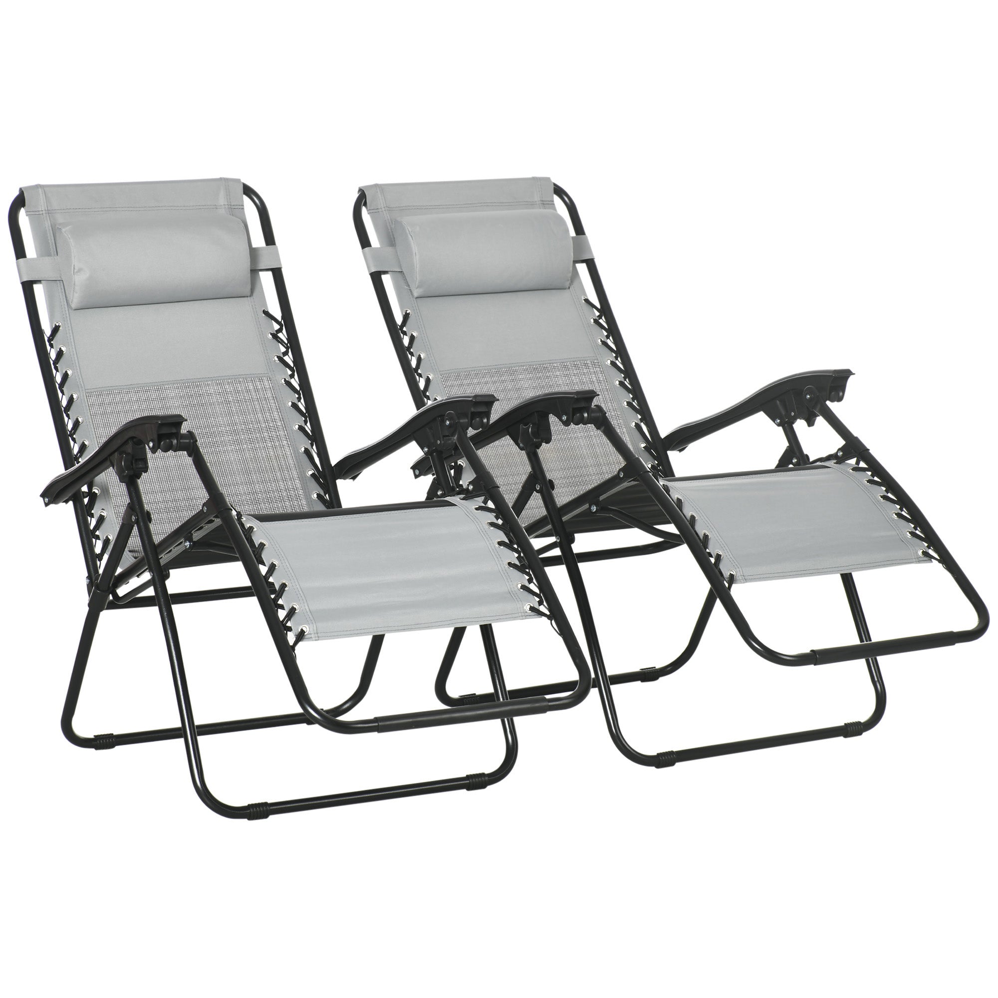Garden Recliner Chairs Set of 2, Foldable Zero Gravity w/ Footstool and Headrest, Grey