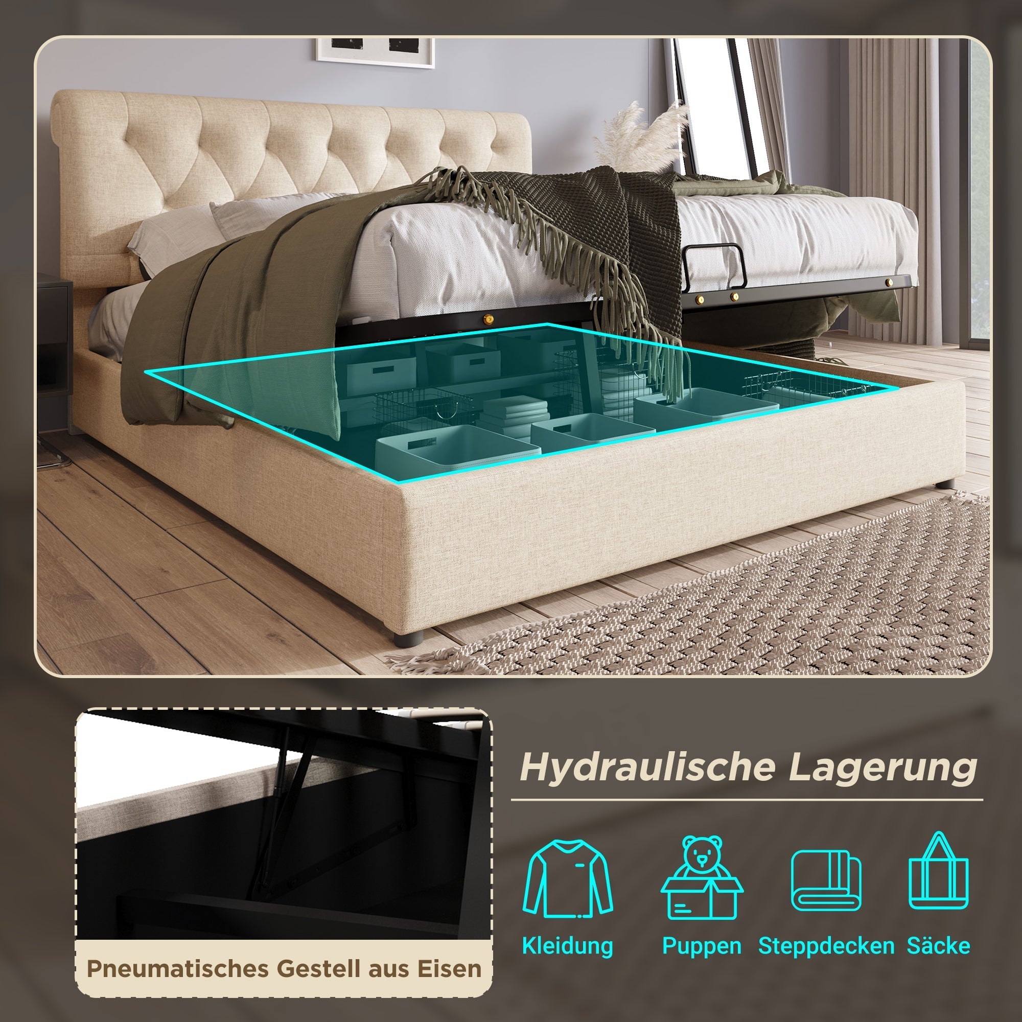 Hydraulic Double Bed, 160x200cm Upholstered with Storage, Natural
