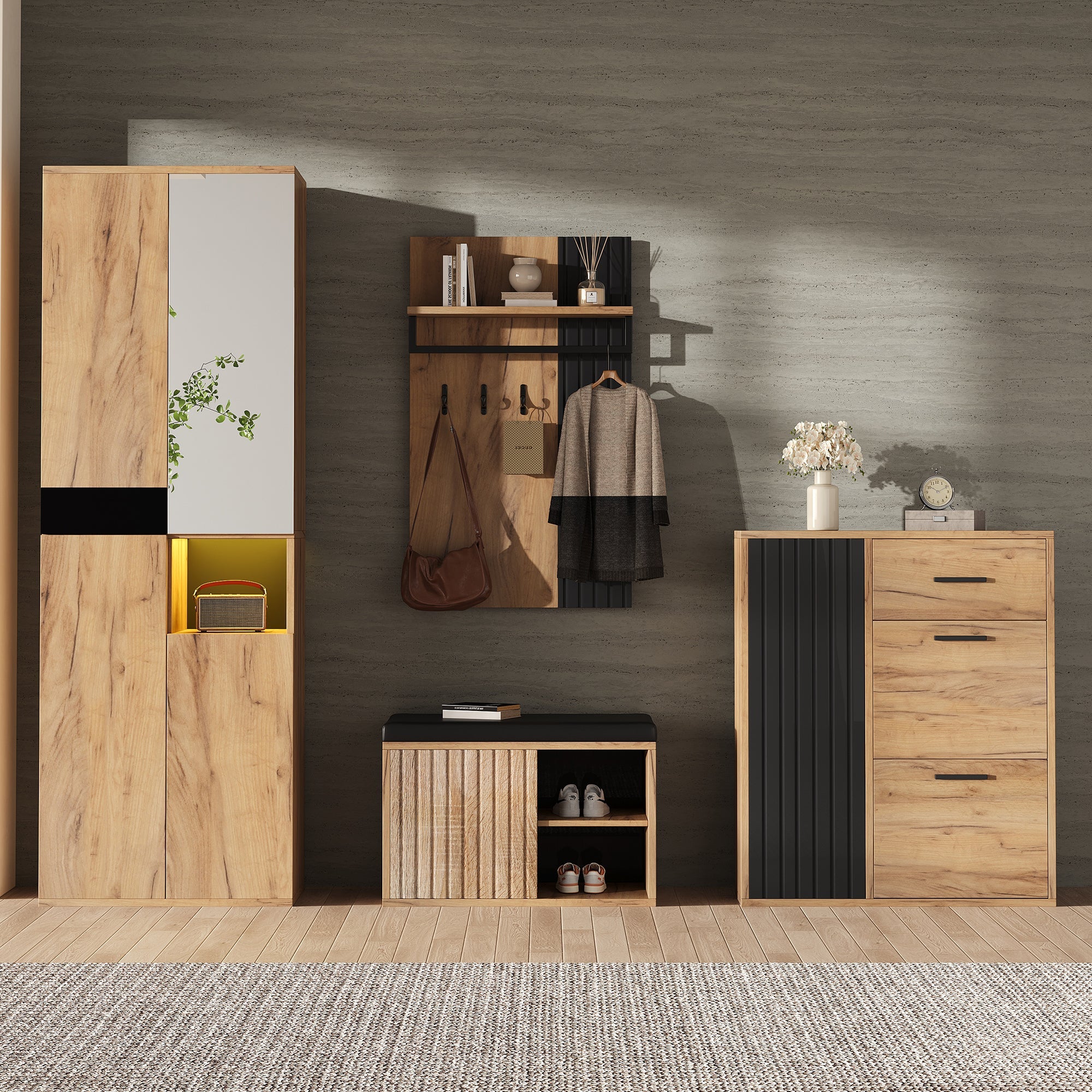 Wardrobe Set 4-Piece Wall-Mounted Coat Rack Shoe Cabinet Shoe Bench, Natural Wood/Black