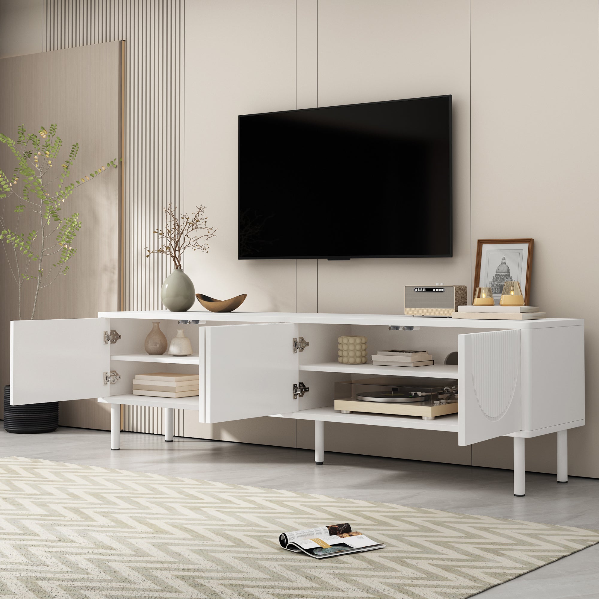 Modern 180cm TV Stand with Storage and Cable Management, White Matte