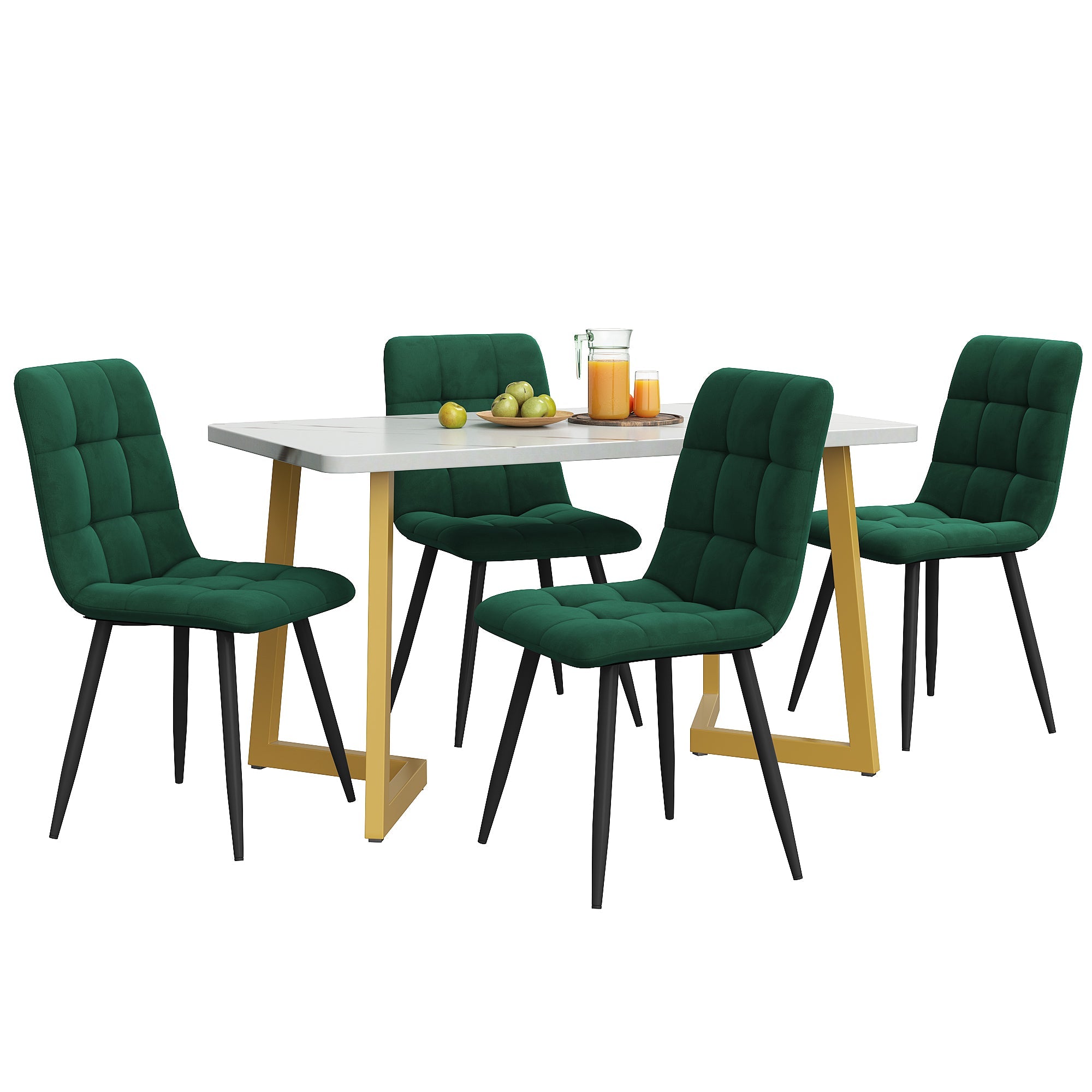 117cm Dining Set 5-Piece Rectangular Modern Dark Green Velvet Gold