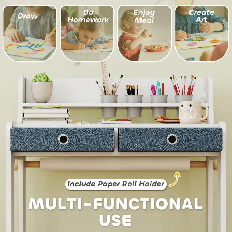 Art Table and Chair Set Kids Art Desk with Storage Shelf and Drawers, White MDF