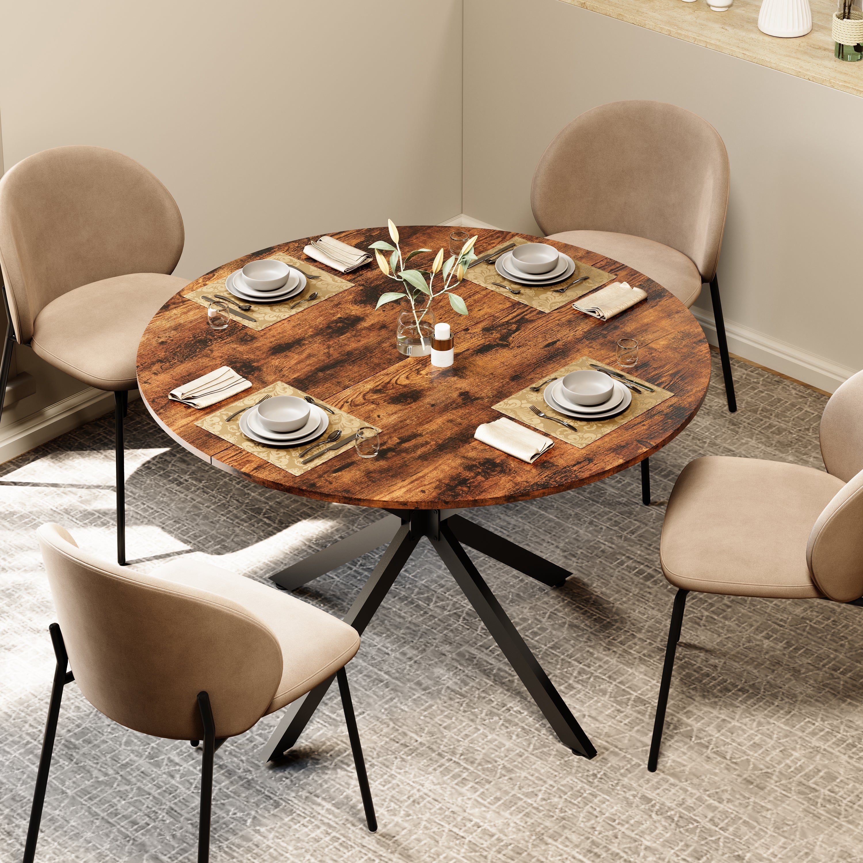 Round Dining Table 120cm Industrial X-Legs Vintage Brown-Black