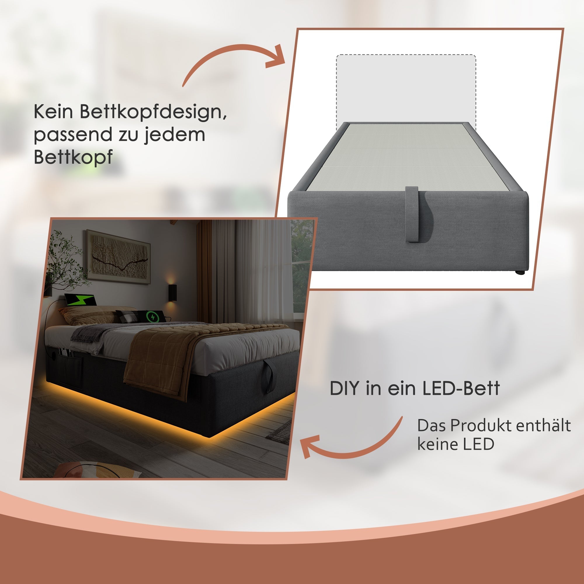 Upholstered Double Bed 140x200 cm, USB-C, Full Slatted Frame, Cotton Grey