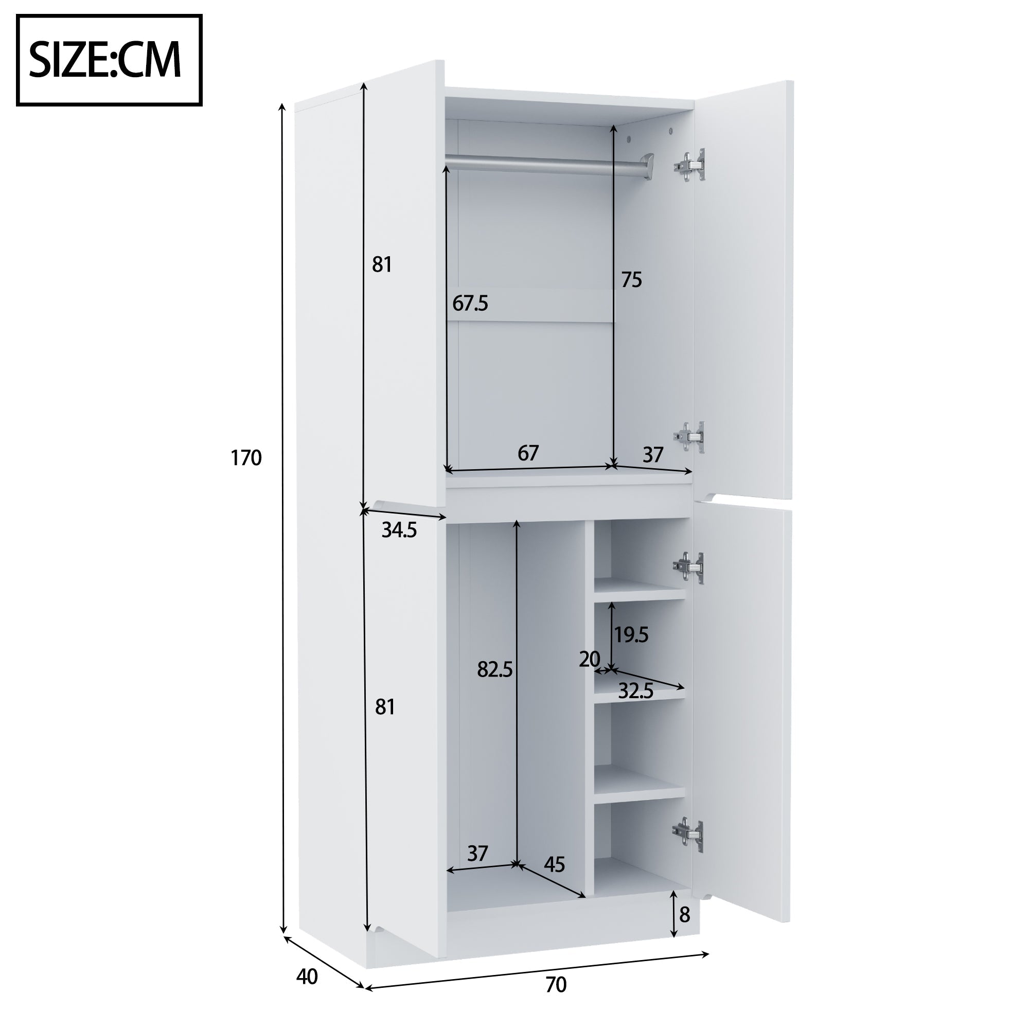 Tall Kitchen Cabinet with Ample Storage and Metal Accents, White and Wood Color