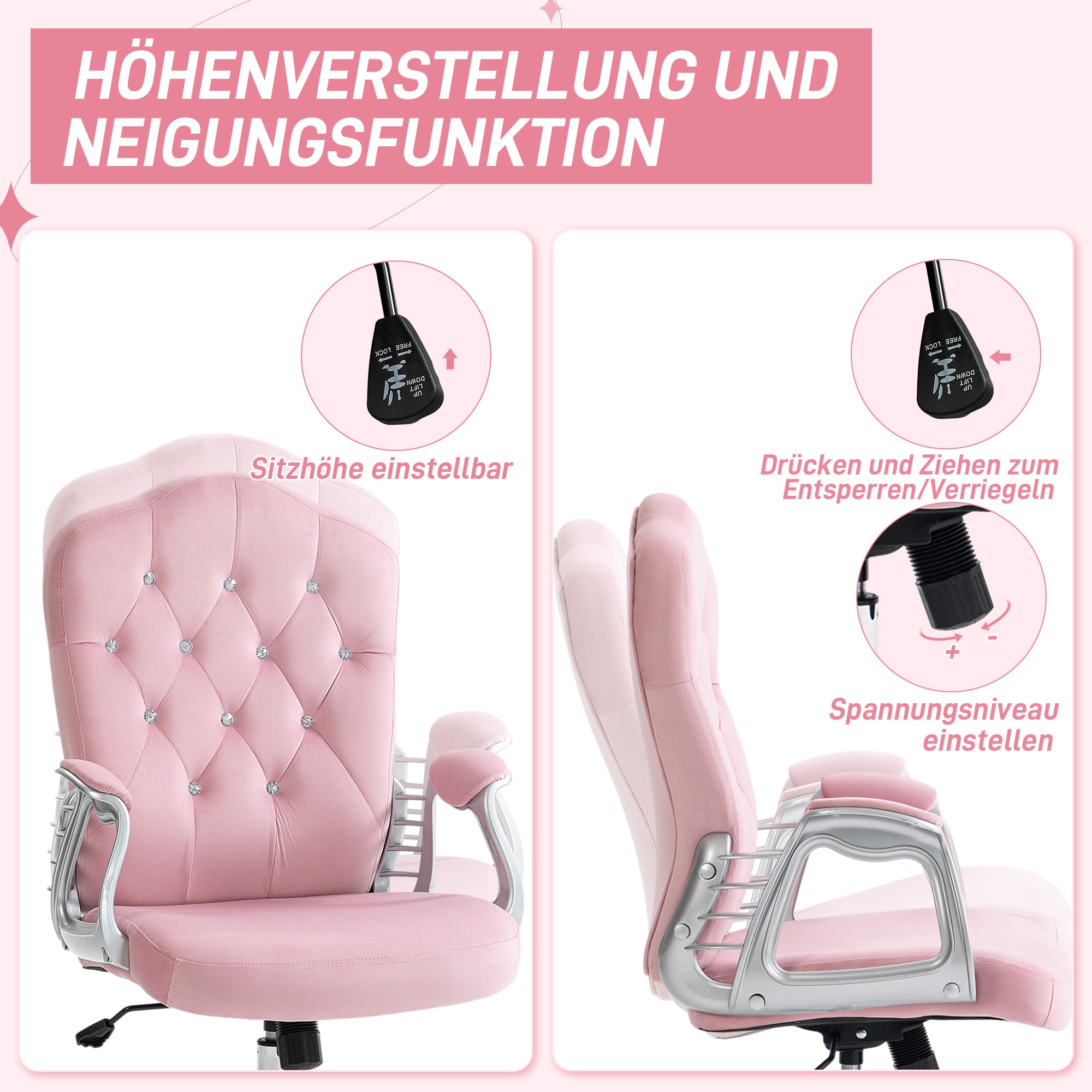 Bürostuhl, ergonomisch, höhenverstellbar mit Wippfunktion, Rosa