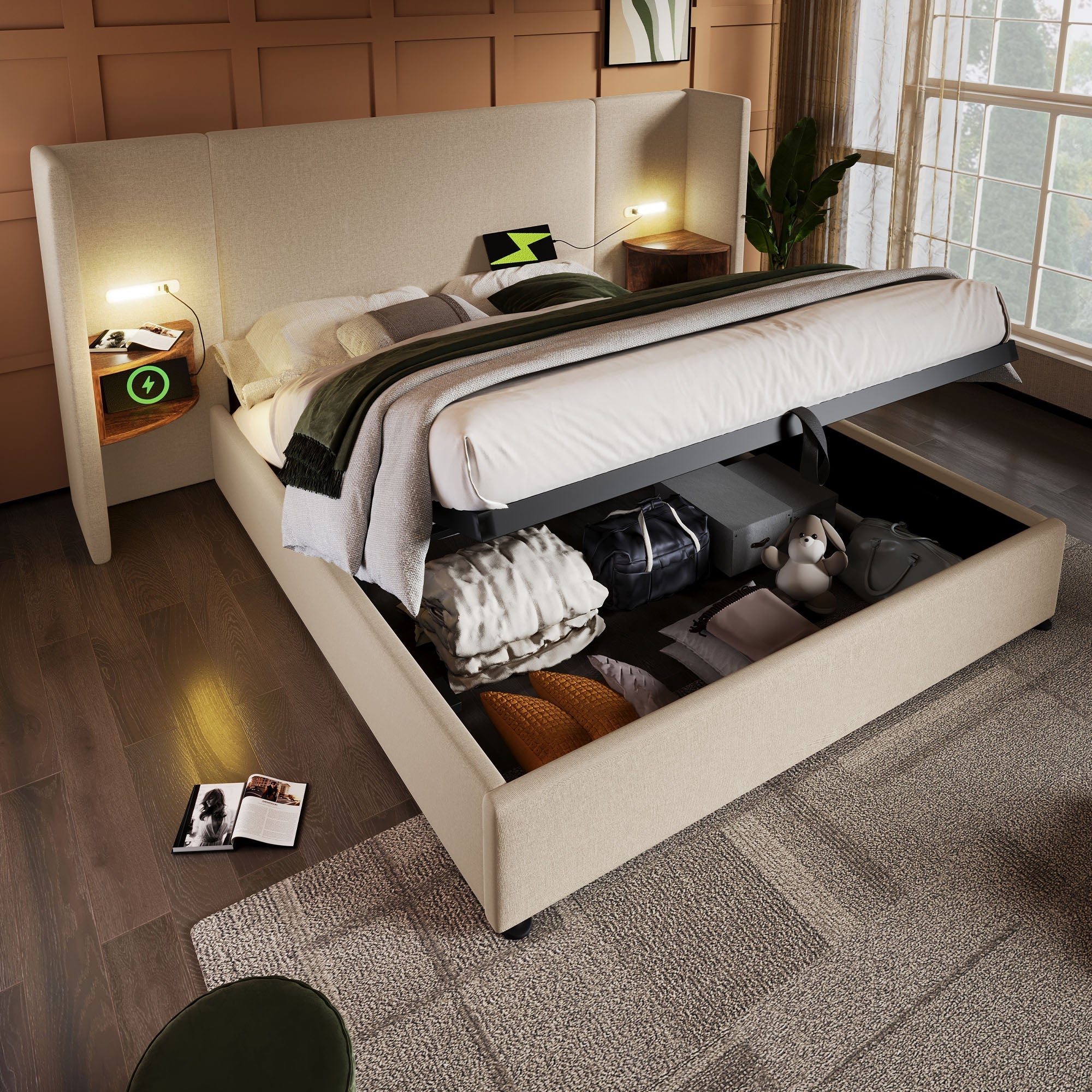 Upholstered Double Bed, 160x200, with Bedside Table, Reading Lamp & USB-C Charging, Beige Linen