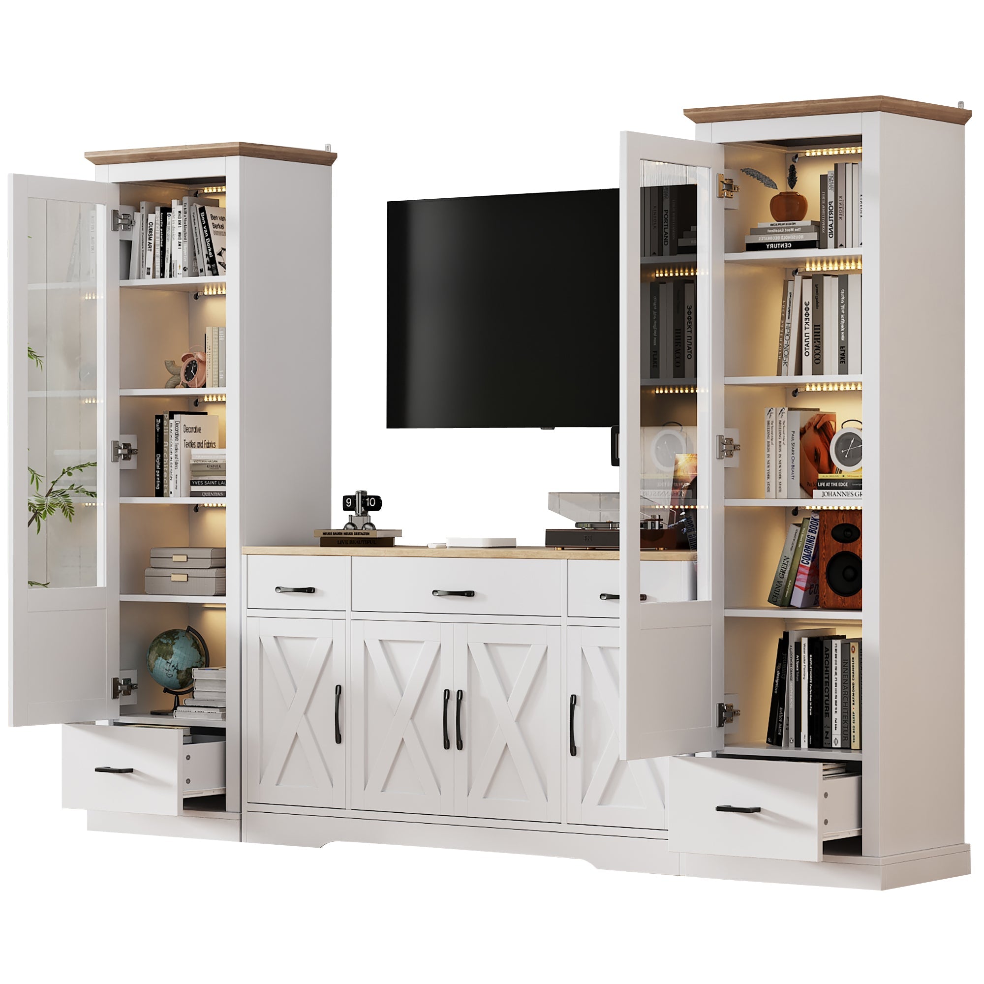 Living Room Set Combo, LED Display Cabinets and Multifunctional Sideboard, Matte White