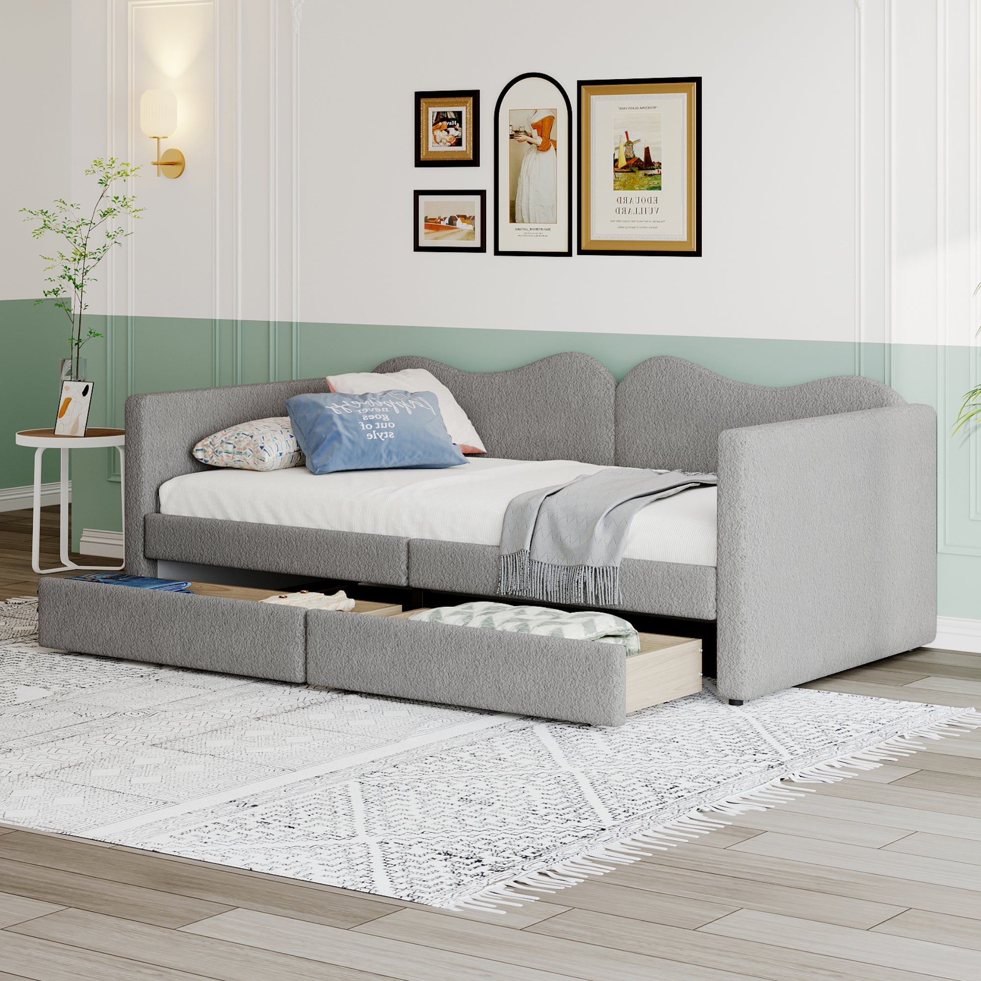 Children's Bed, Upholstered Sofa Bed with 2 Drawers, Teddy Bear Fabric, Gray