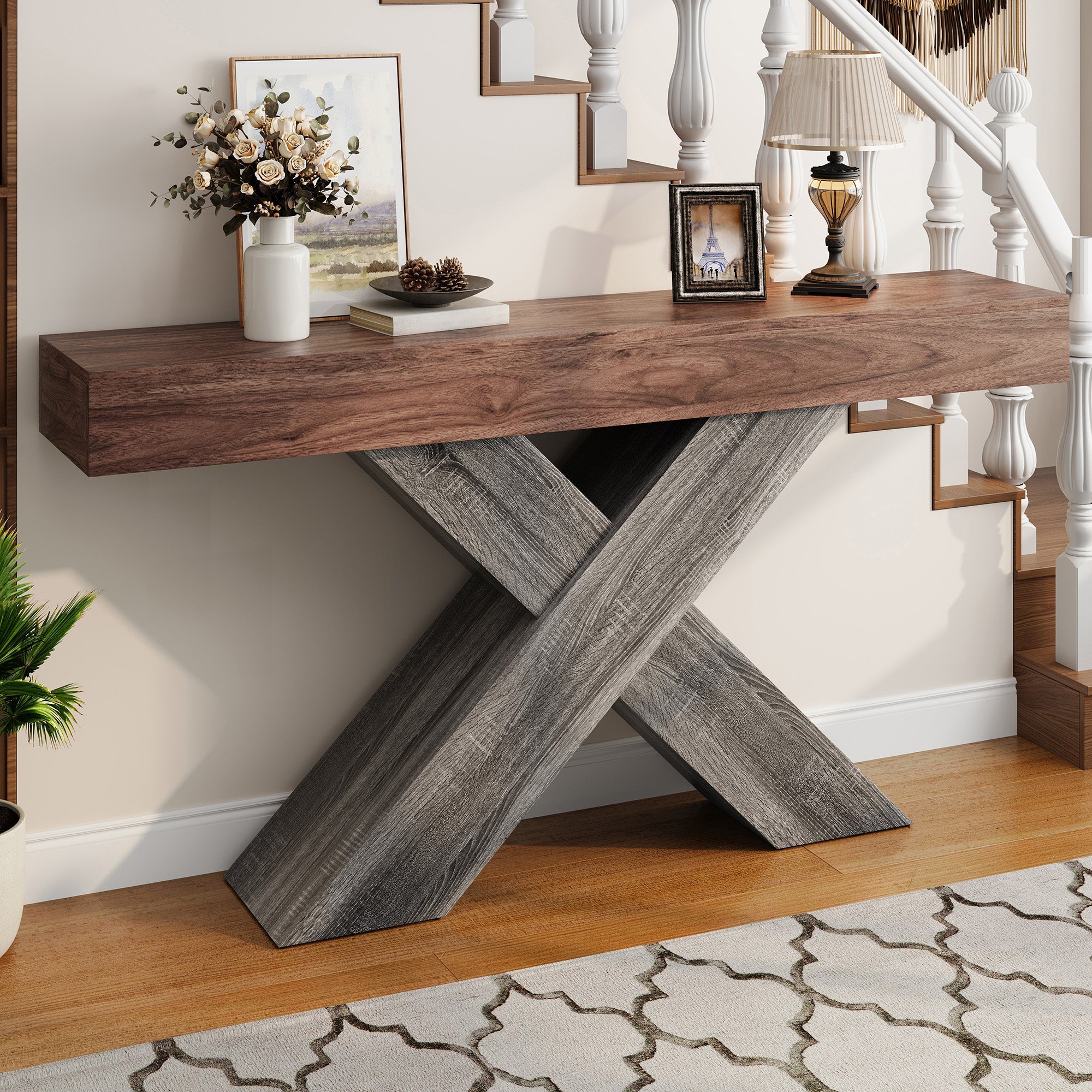 Console Table with X-Shaped Legs, Narrow Side Table for Hallway and Living Room, Wood Look Chipboard