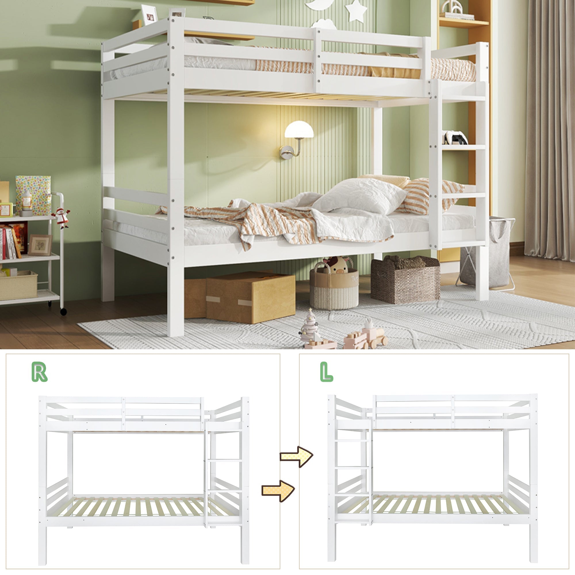 Bunk Bed for Children, Angled Ladder Fall Protection Divisible 2 Single Beds, Pine Frame White 90x200cm