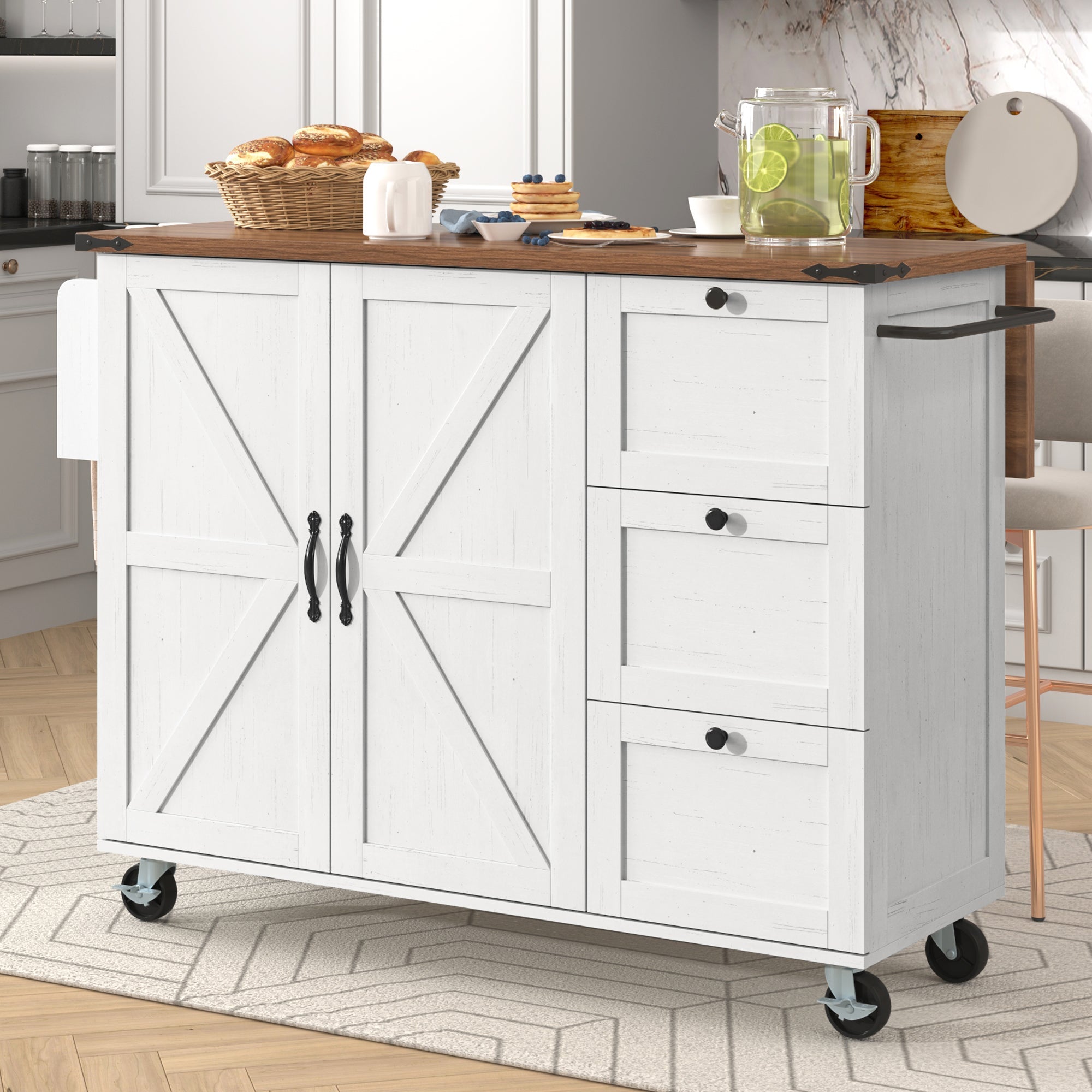 Kitchen Island Serving Trolley Extendable Worktop Storage Cabinet 2 Doors 3 Drawers, Wood Grain Finish