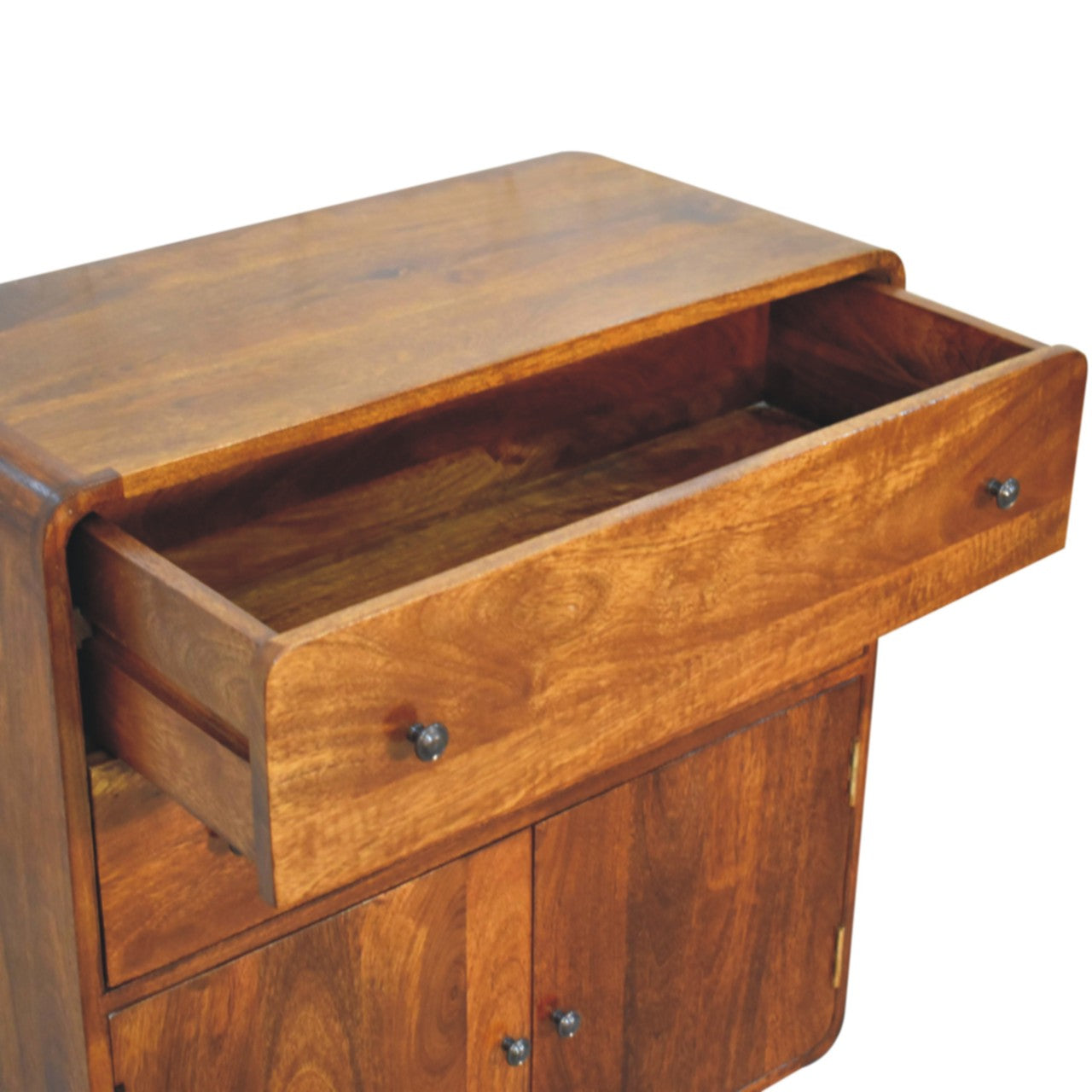 Solid Wood Curved Nordic Charm Cabinet, 2 Drawers, 2 Doors, Brown