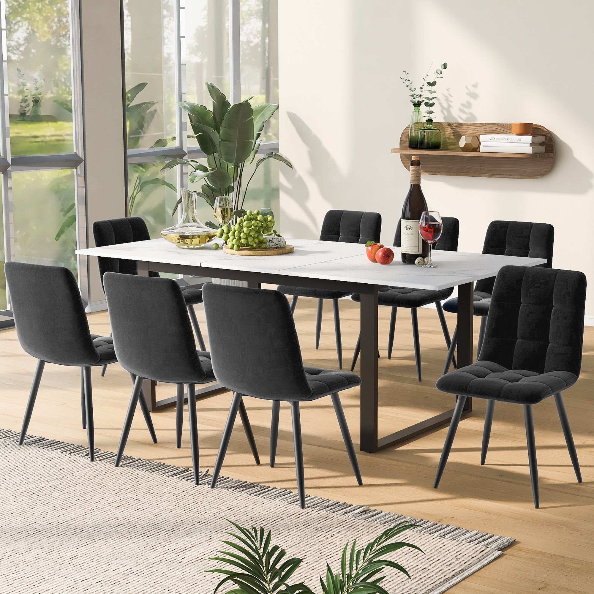 Dining Set Extendable Table 8 Chairs Grey Velvet White MDF Black