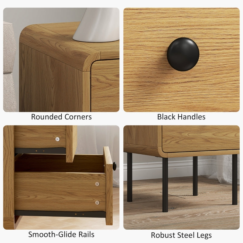 Bedside Table with 2 Drawers Steel Legs - Oak