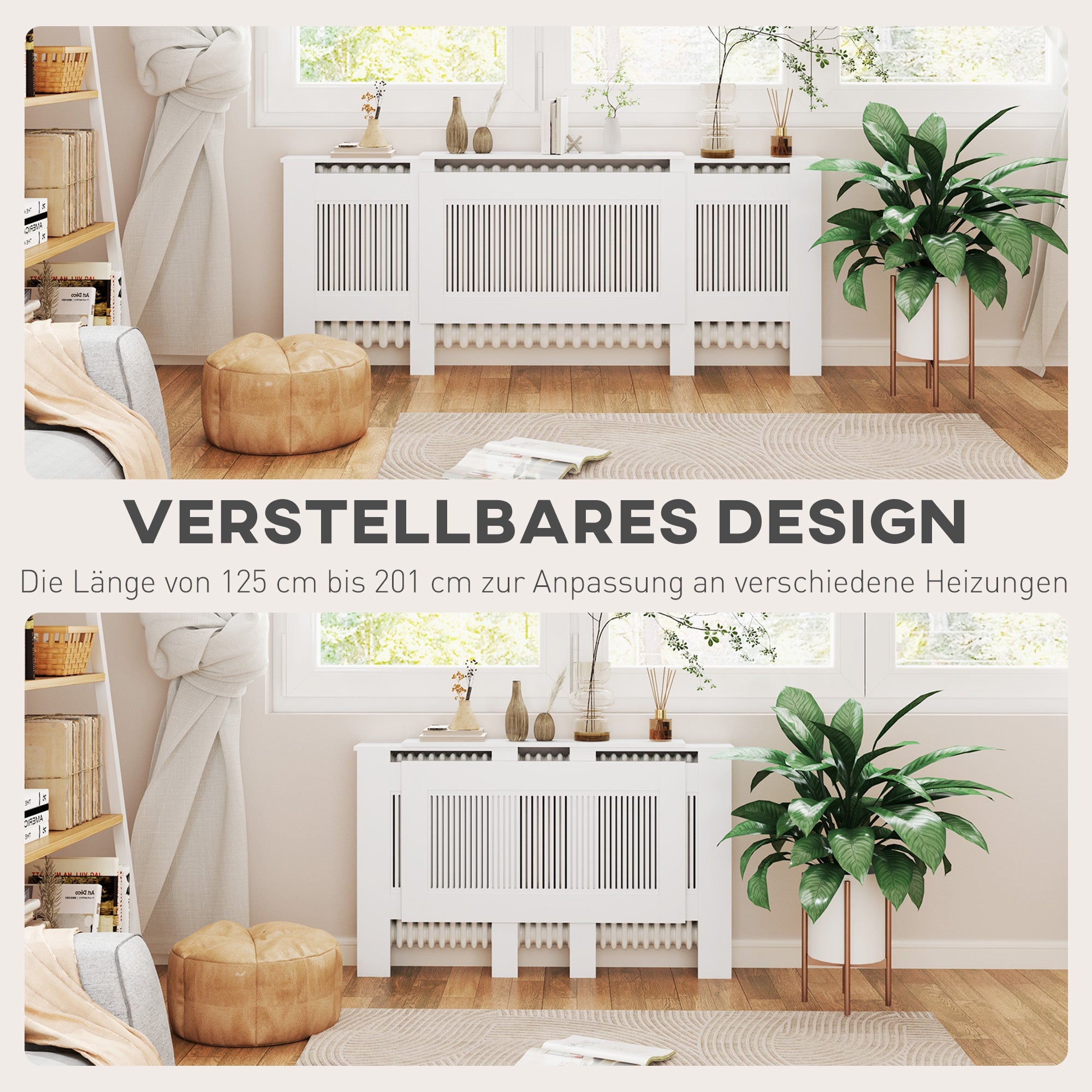 Extendable Radiator Cover with Shelf Slats 125-201 cm, White