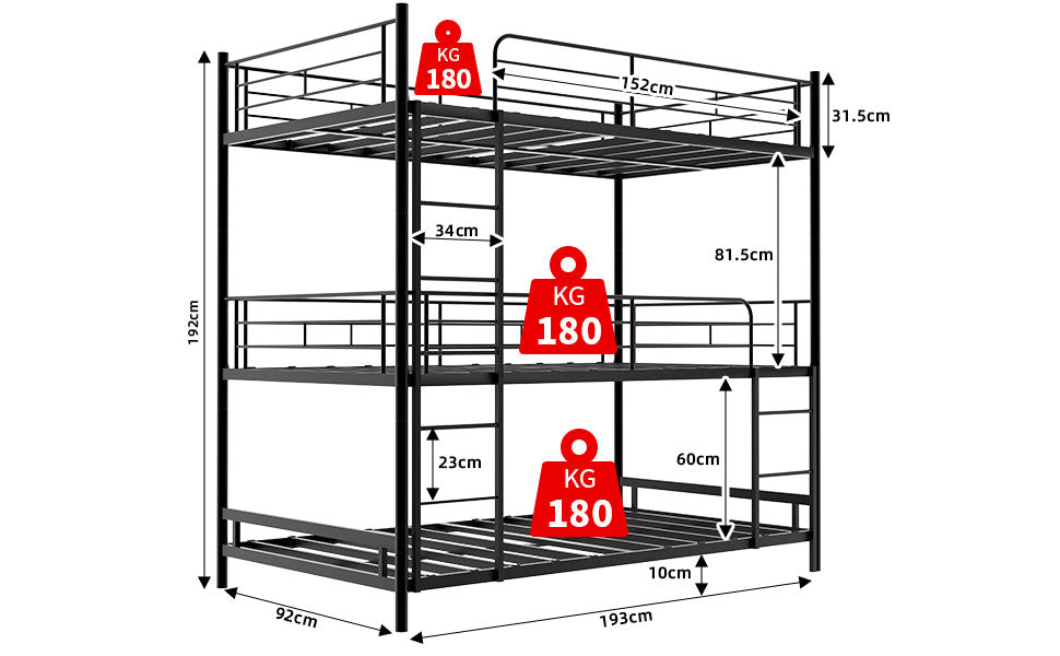Triple Frame Bed, Heavy-Duty with Ladder & Railing, Easy Assembly, Metal