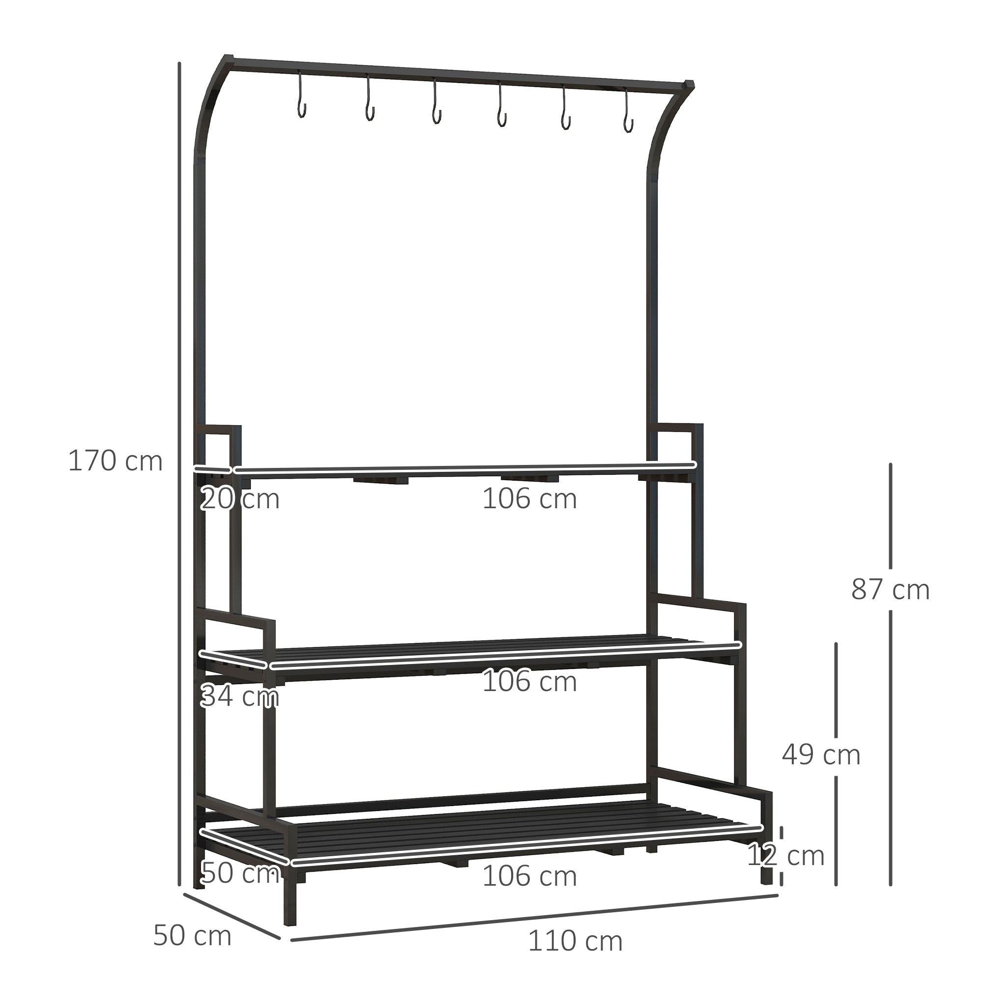 3 Tiered Plant Rack with Hanging Hooks, Indoor/Outdoor Tall Plant Stand, Black