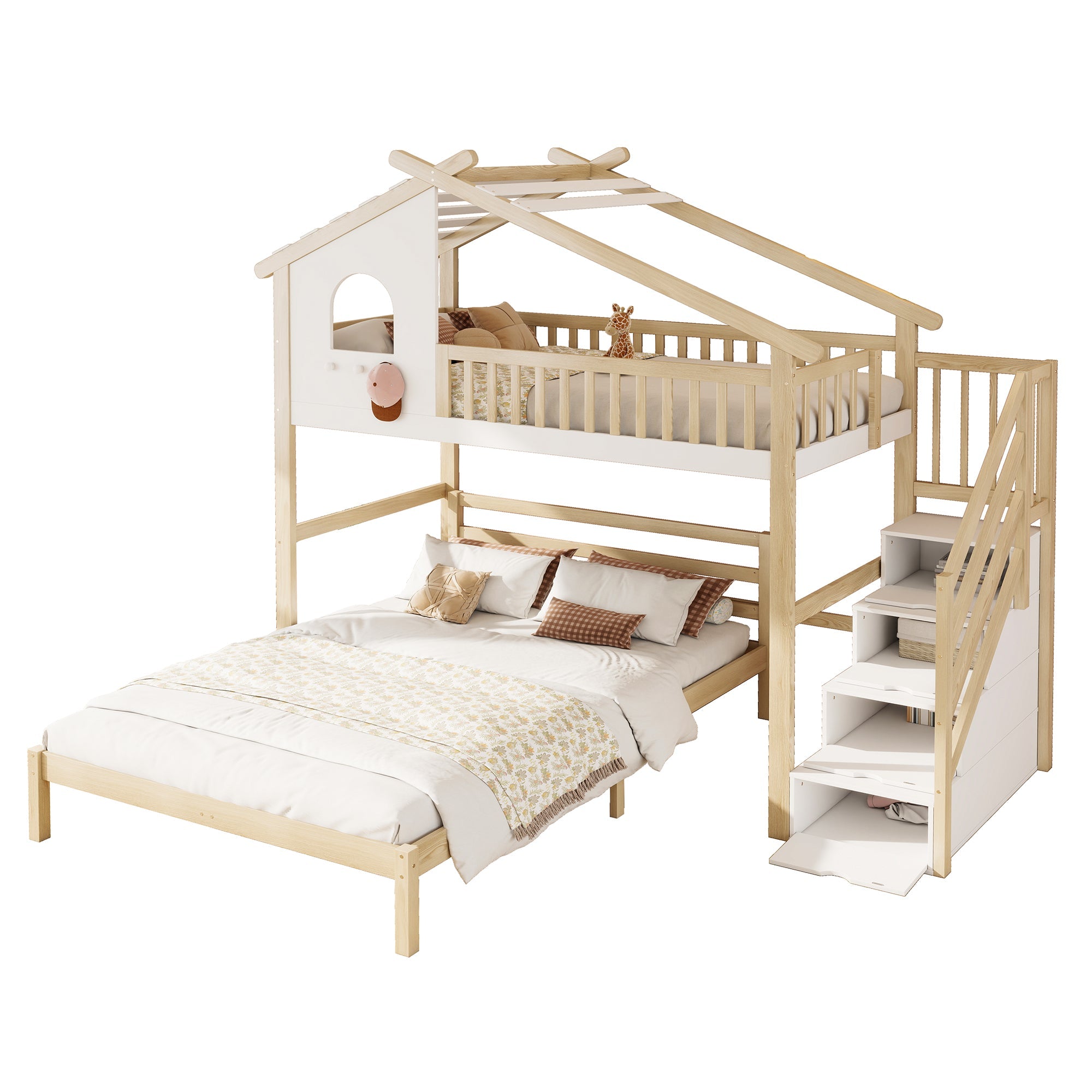 Bunk Bed with Storage Ladder, Bed Rail & Window, White + Natural