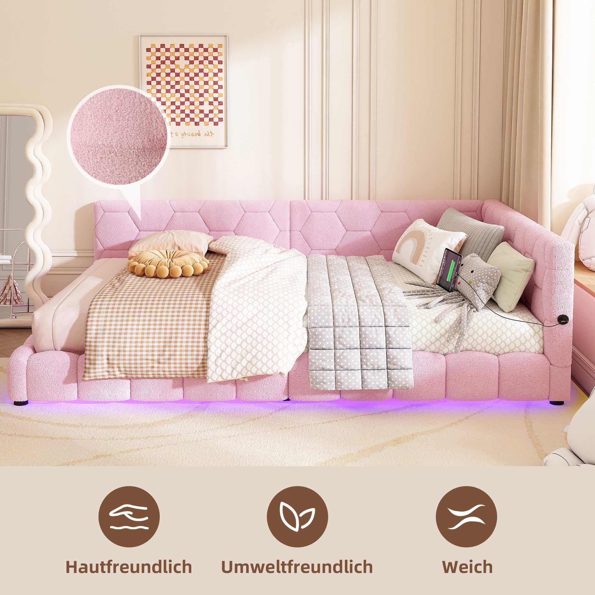 Daybed Sofa Bed 140x200cm Ambient Light USB/Type-C - Pink Faux Fleece
