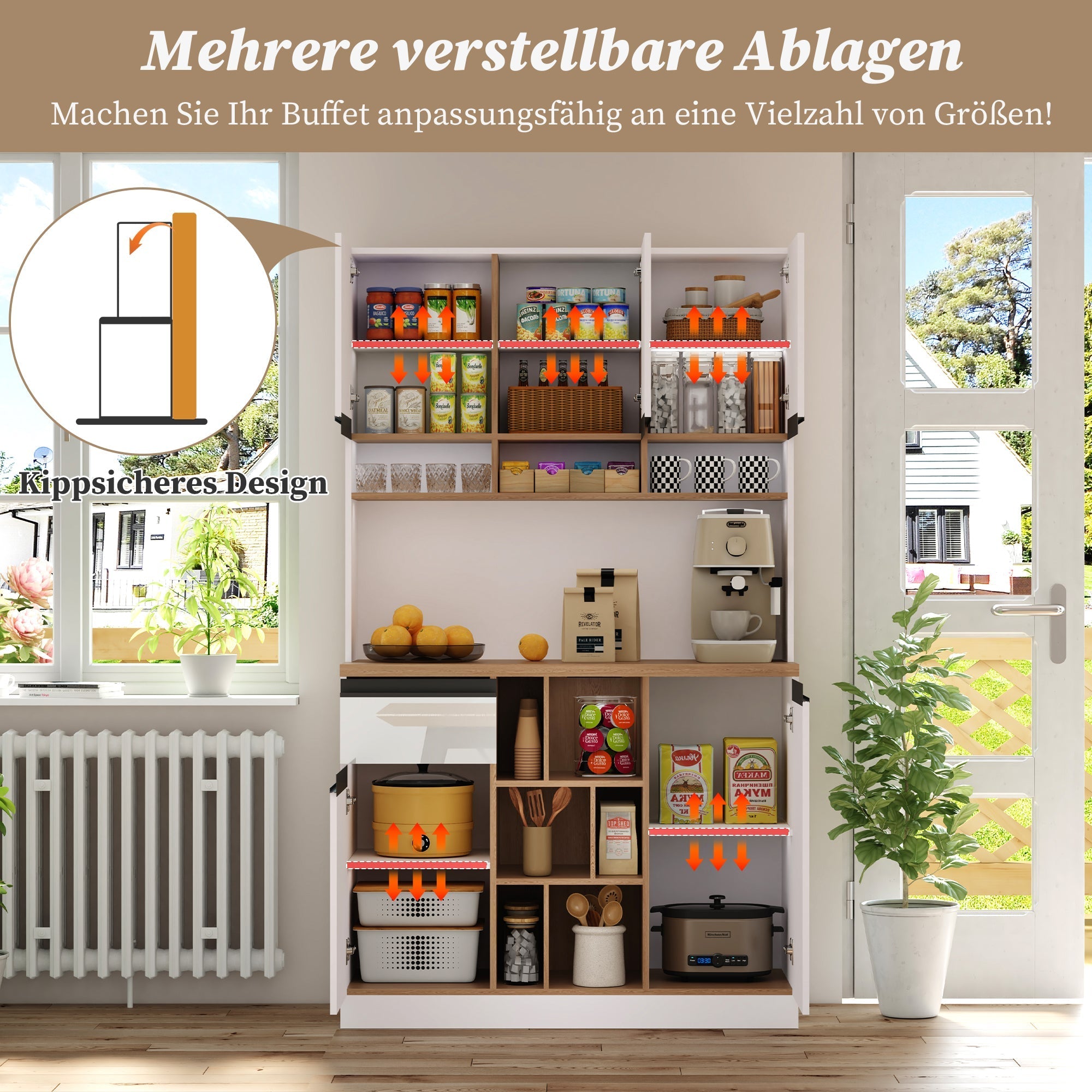 Modern Kitchen Cabinet with Drawers Adjustable Shelves Open Storage - White