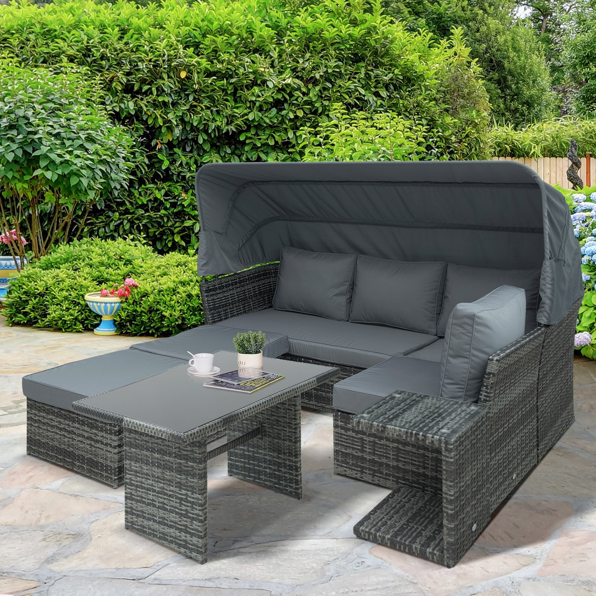 5 PCS Rattan Wicker Sofa Set, Reclining Sofa, Canopy, Side Table & Dining Table, Mixed Grey
