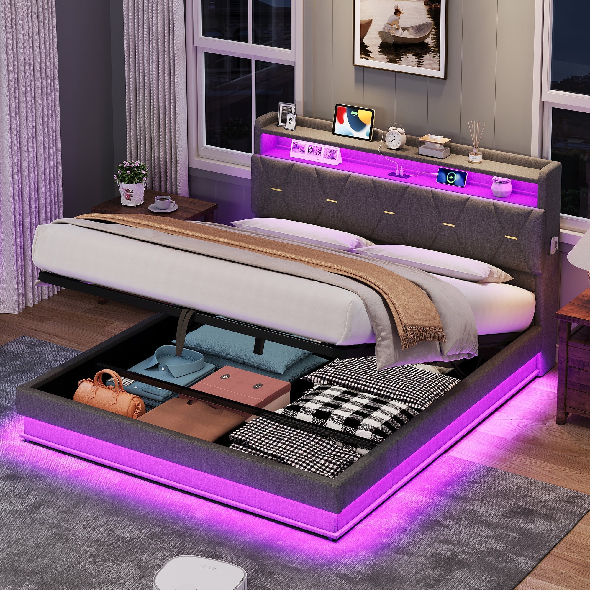 4ft6 Double Upholstered Bed Frame with Hydraulic Storage, LED Headboard, USB & Type-C Ports, Linen Grey