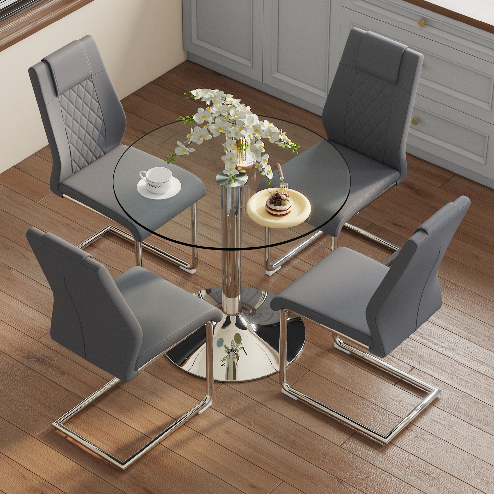 Dining Table Set Modern Minimalist 85cm Round Safety Glass with 4 Chairs Dark Grey PU and Silver Metal