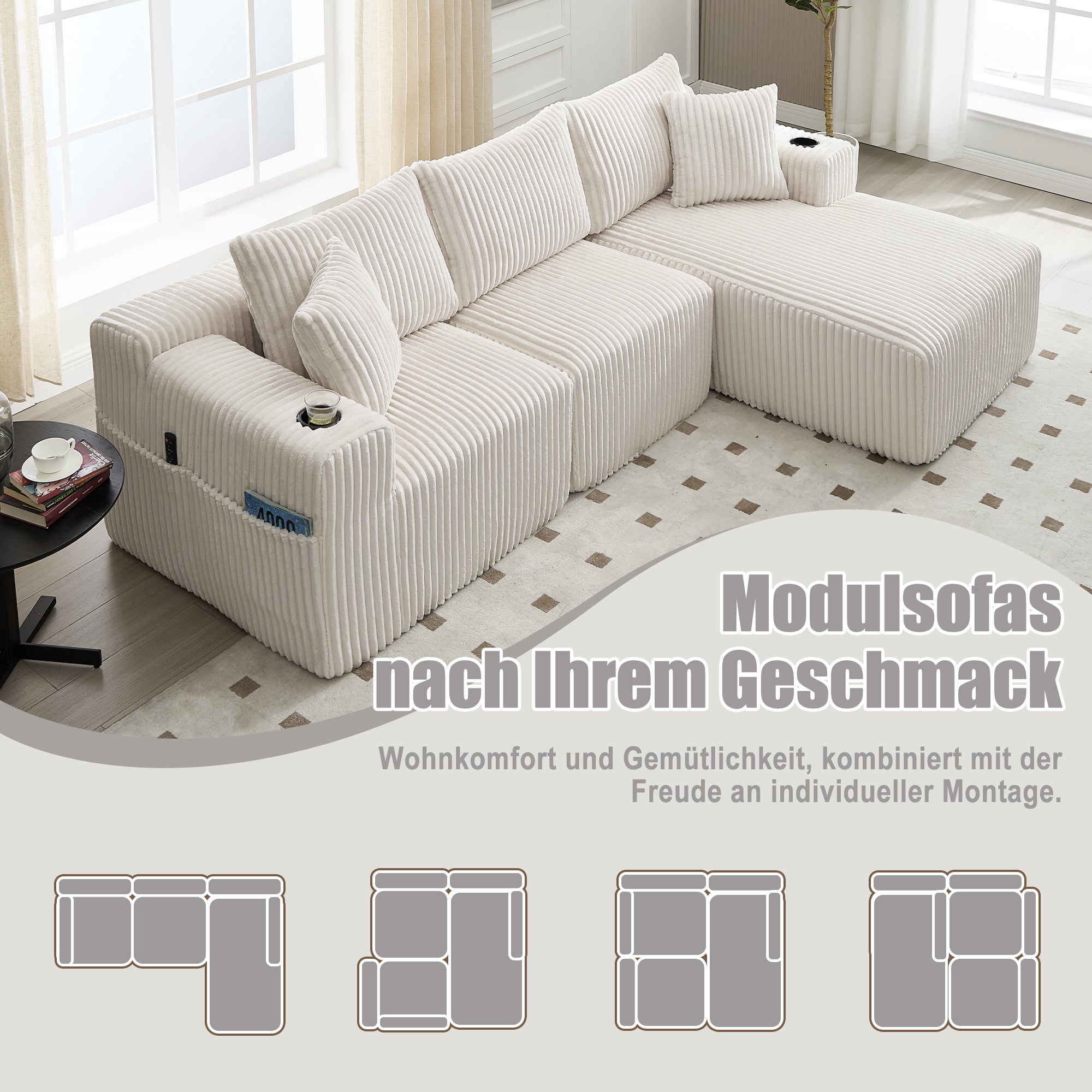 Modular Sofa Set Chaise & 2-Seater, DIY Combination, Corduroy Fabric