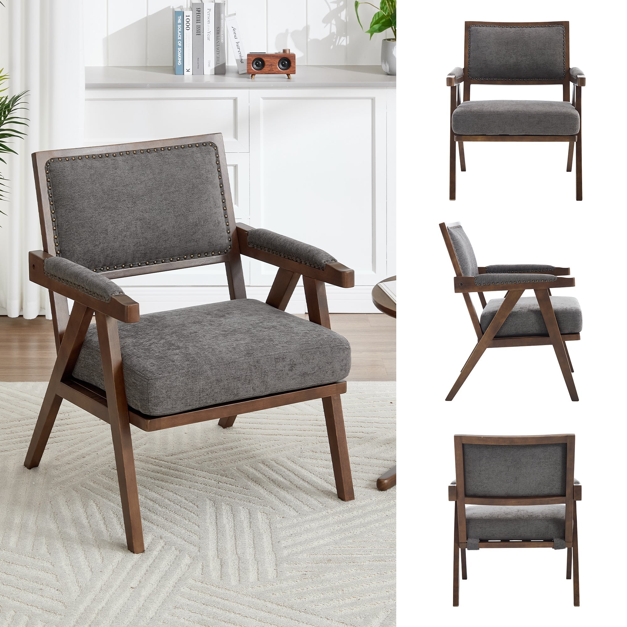 Mid-century Modern Lounge Chair, Single Armchair with Wooden Frame, Fabric